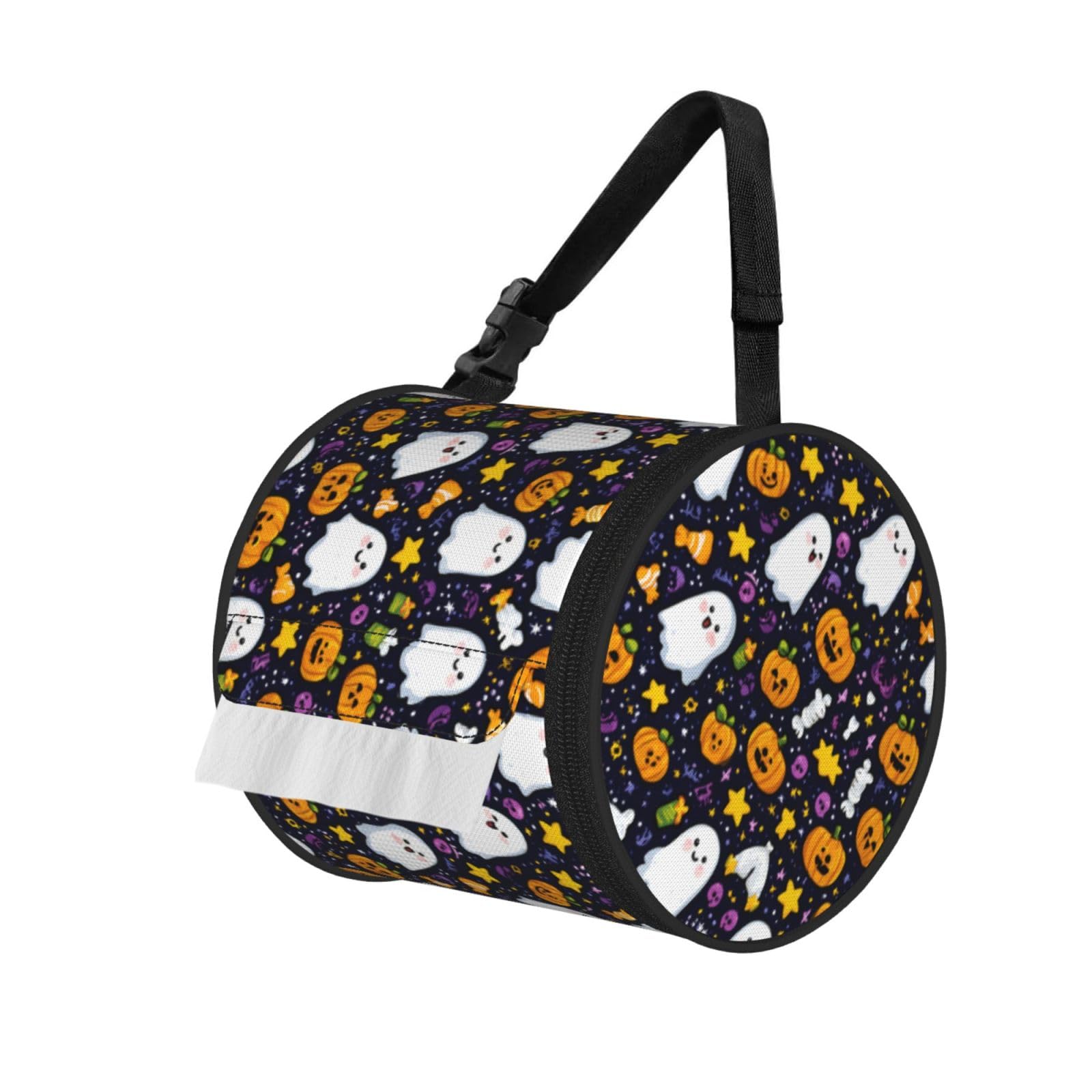 White Ghost Halloween Printed Cylindrical Tissue Bag Portable Oxford Cloth, Foldable Travel Tissue Holder With Zipper And Adjustable Belt
