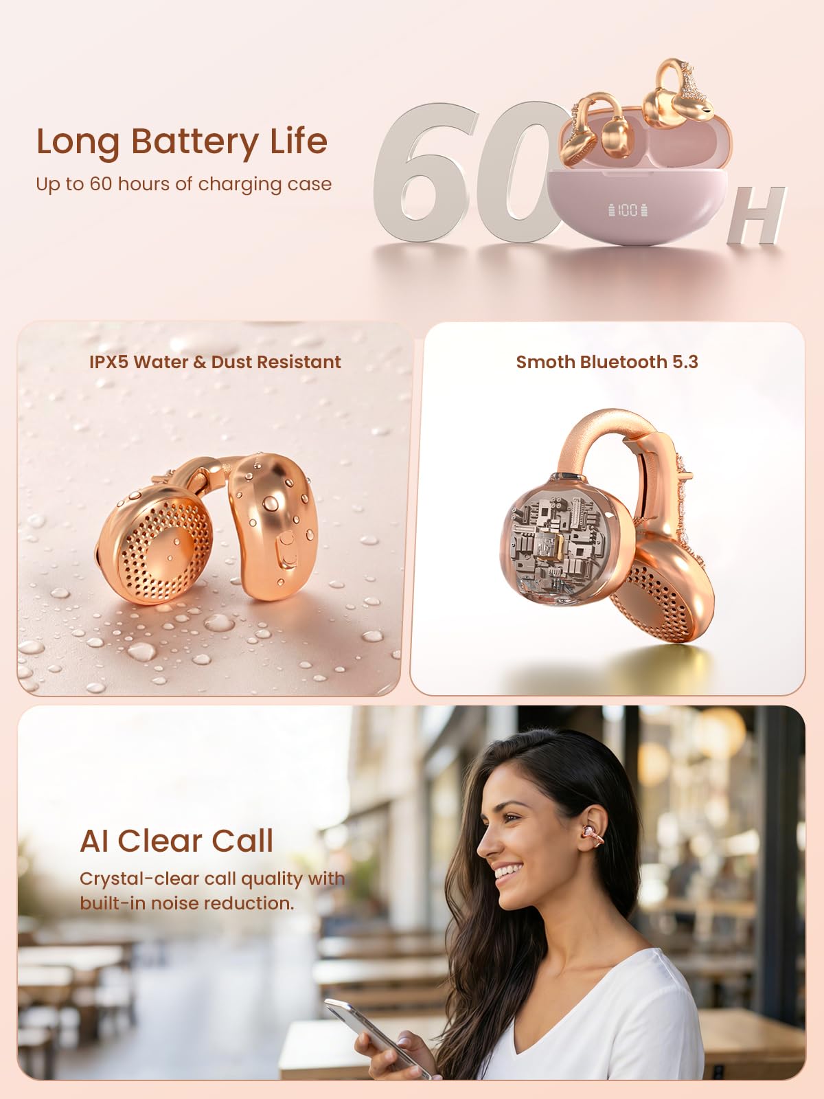 JewelPods C3 - Auricolari wireless Bluetooth aperti per un comfort che dura tutto il giorno, filo di memoria ultra leggero, 60 ore di riproduzione, resistente al sudore e all'acqua, suono