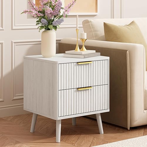 Miniatura 5 de CARPETNAL Mesita de noche acanalada, mesita de noche blanca con 2 cajones y asas doradas, mesa auxiliar de madera de mediados de siglo para