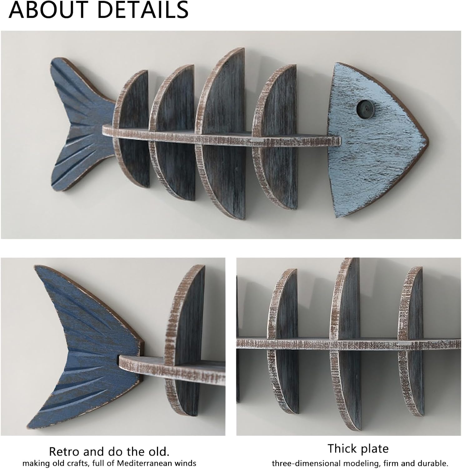 Wooden Fish Wall Shelf, Wood Fish Beach Decor Display Shelf, Nautical Coastal Style Wall - Mounted Organizer in Bedroom，Living Room，Lake House, Bathroom