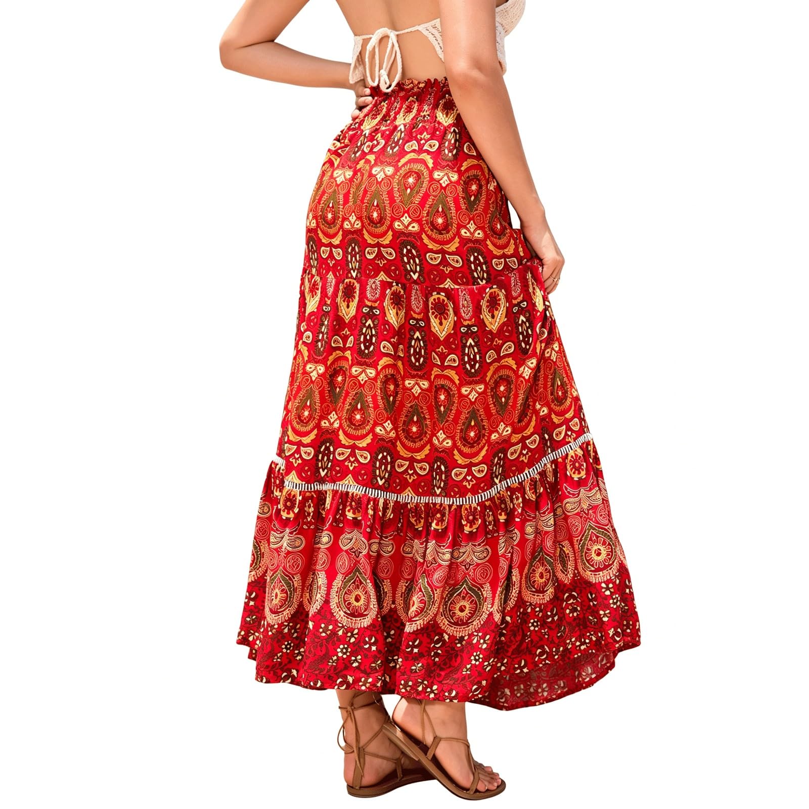 DUddTTW Resort Midi Skirt Rayon Women's Maxi Skirts Lace High Waisted Swing Skirt Slimming Hollow-out Ankle Length Design for Beach(Rot,Lagre)