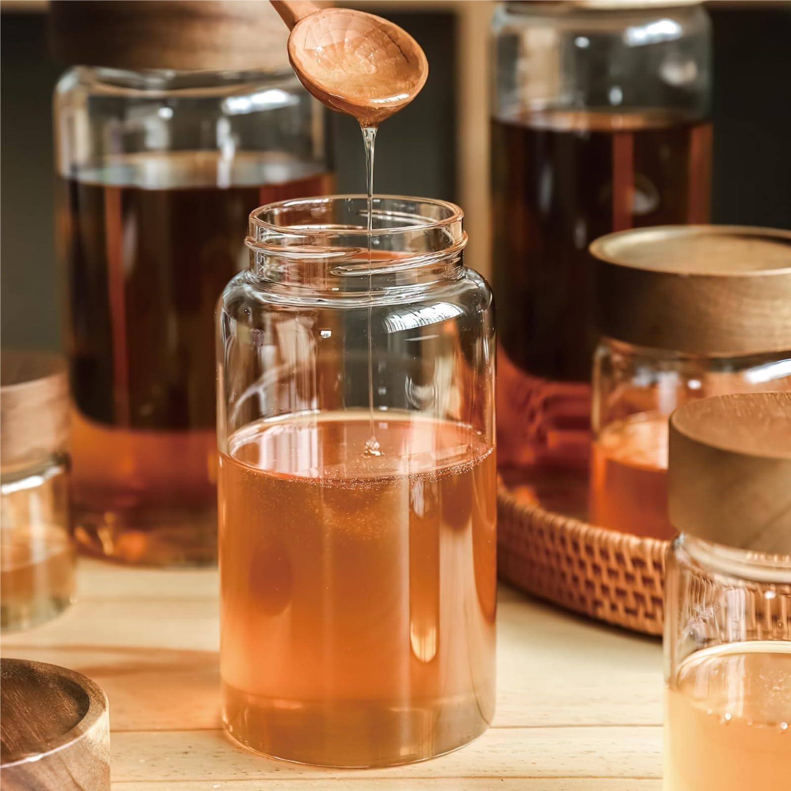 Vorratsgläser mit Deckel Set Mit 3 Vielseitigen Glasbehältern Luftdichtem Holzschraubdeckel, Heimdekoration Aufbewahrungsgläser Küche(175ml)