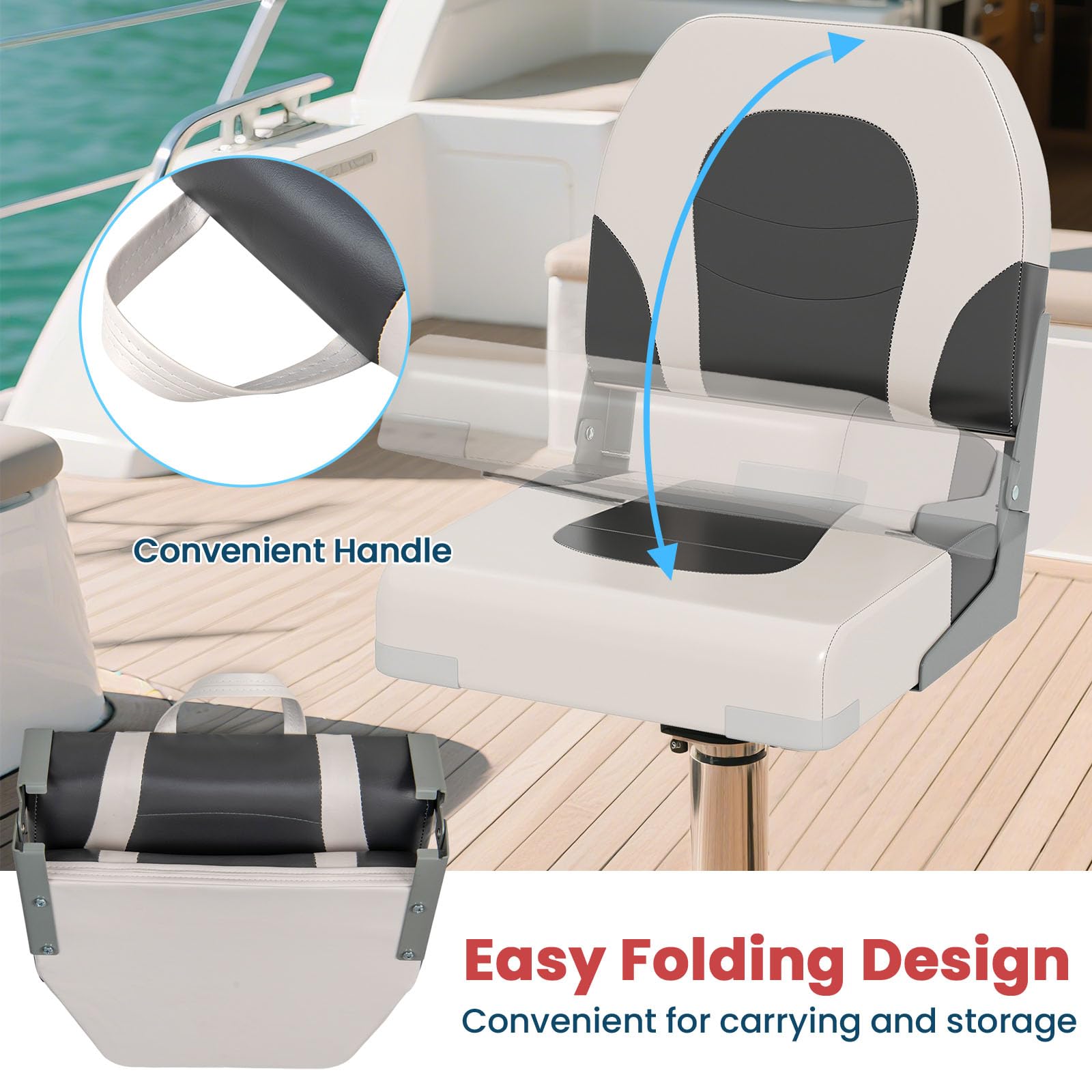 HOMASIS 2 Asientos Plegables para Barco, 44 × 43 × 50 cm, Sillas de Yate Ergonómico con Acolchadas Impermeable y Respaldo Alto, con Correas y Tornillos de Fijación, Juego de 2 para fijación,Pesca