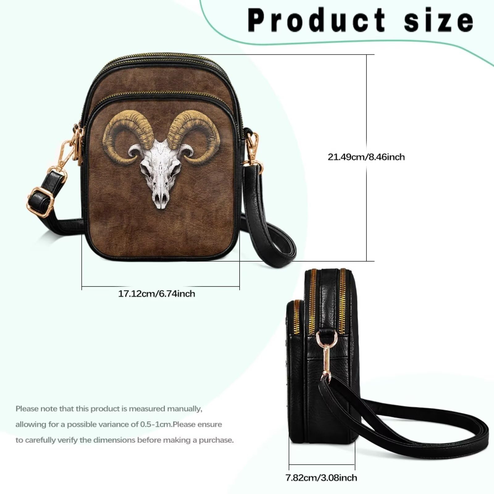 Ram Skull Crossbody torby na ramię dla kobiet małe stylowe torby na telefon komórkowy trójwarstwowa torba crossbody brązowa torebka na ramię z regulowanym paskiem do podróży
