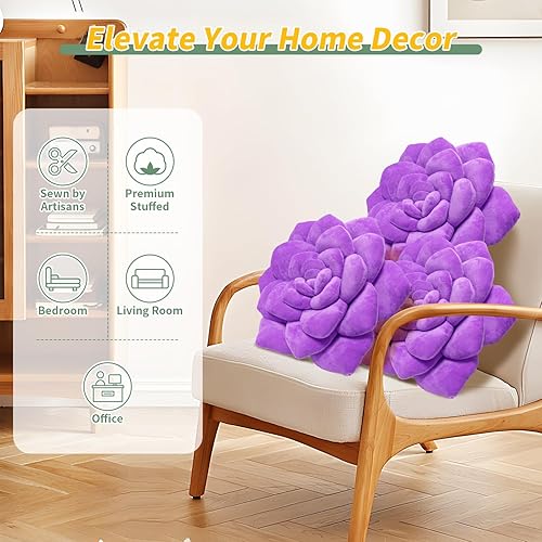Miniatura 3 de Dumwry Almohada suculenta, almohada en forma de flor 3D, decoración de hojas cosidas a mano para amantes de las plantas, almohada de plantas