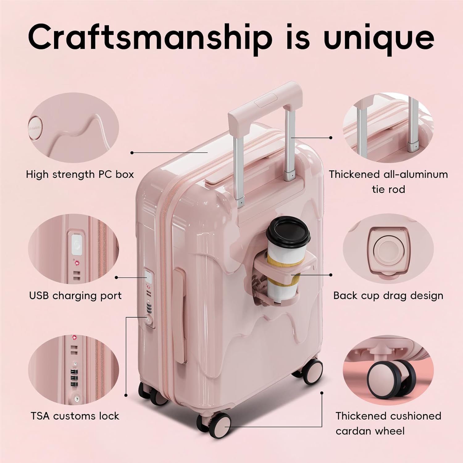 ROAMING 20-Inch Pink Carry On Luggage Airline Approved Lightweight PC Hardside Rolling Suitcase with TSA Lock Cup Holder USB Charging Port and Spinner Wheels for Women Ice cream suitcase