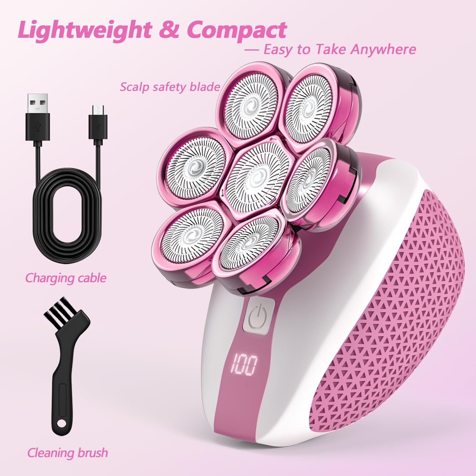Electric Razor for Women, 7D Rotary Shaver with LED Display, Wet & Dry, Pink