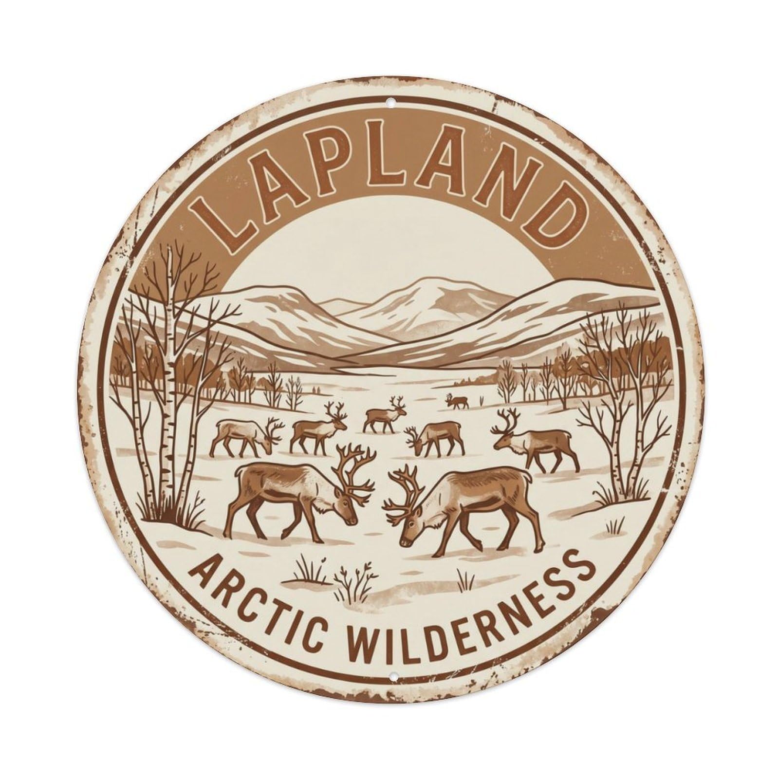 Vintage Travel Lapland Reindeer Wilderness Metal Tin Sign Plaque Wall Decor for Cafe, Club, Garden Round Metal Poster 8x8Inch