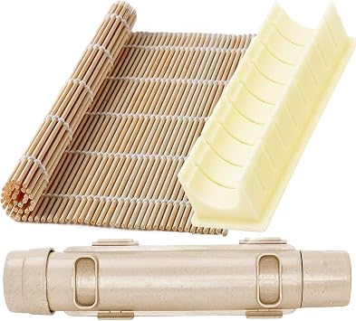 Sushi Making Kit with Bamboo Sushi Mat, Sushi Cutting Mold & Sushi Bazooka, Better Than Single Sushi Mats or Molds, Food-Grade, Beginner Friendly Sushi Maker Set for Perfect Homemade Maki Rolls