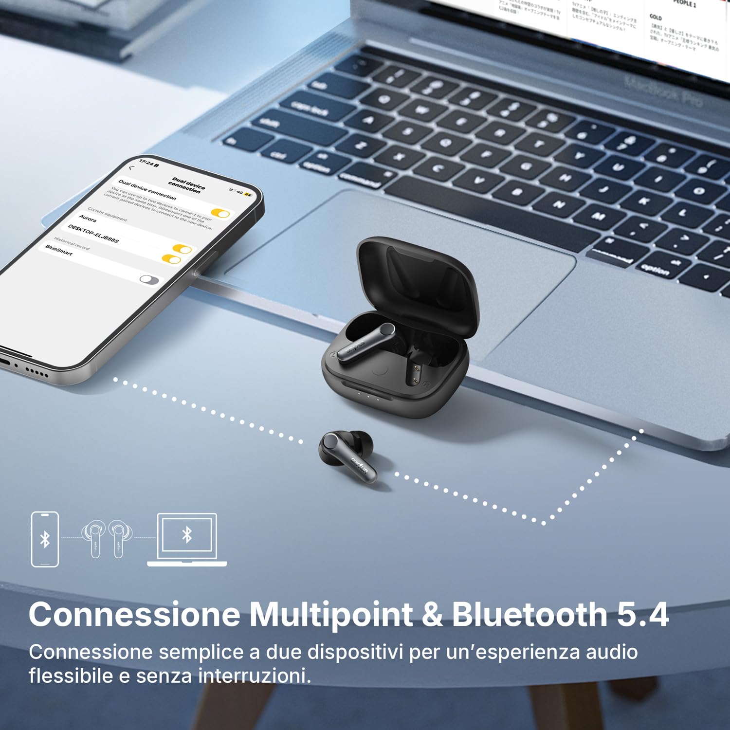EarFun Air Pro 4 Auricolari Bluetooth Wireless, Cancellazione Rumore | Chiamate Nitide con 6 Microfoni e IA, Hi-Res Audio, LDAC, 52 Ore di Autonomia, Sensore Intra-auricolare, Bluetooth 5.4, Nero