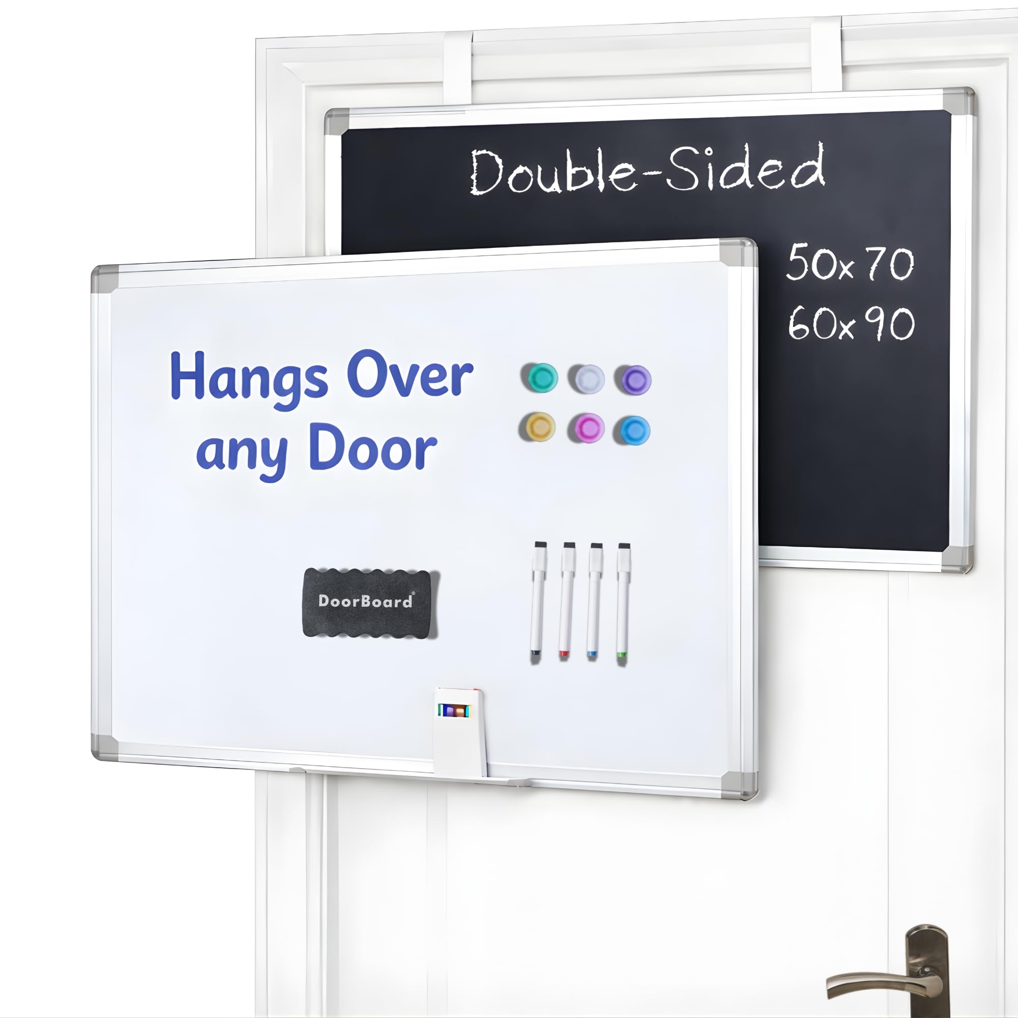 DoorBoard Double-Sided Magnetic Whiteboard and Chalkboard, 50x70 CM | Dry Erase White Board and Magnetic Blackboard with Aluminium Frame | Includes Marker Pens, Chalks, Magnets and Eraser