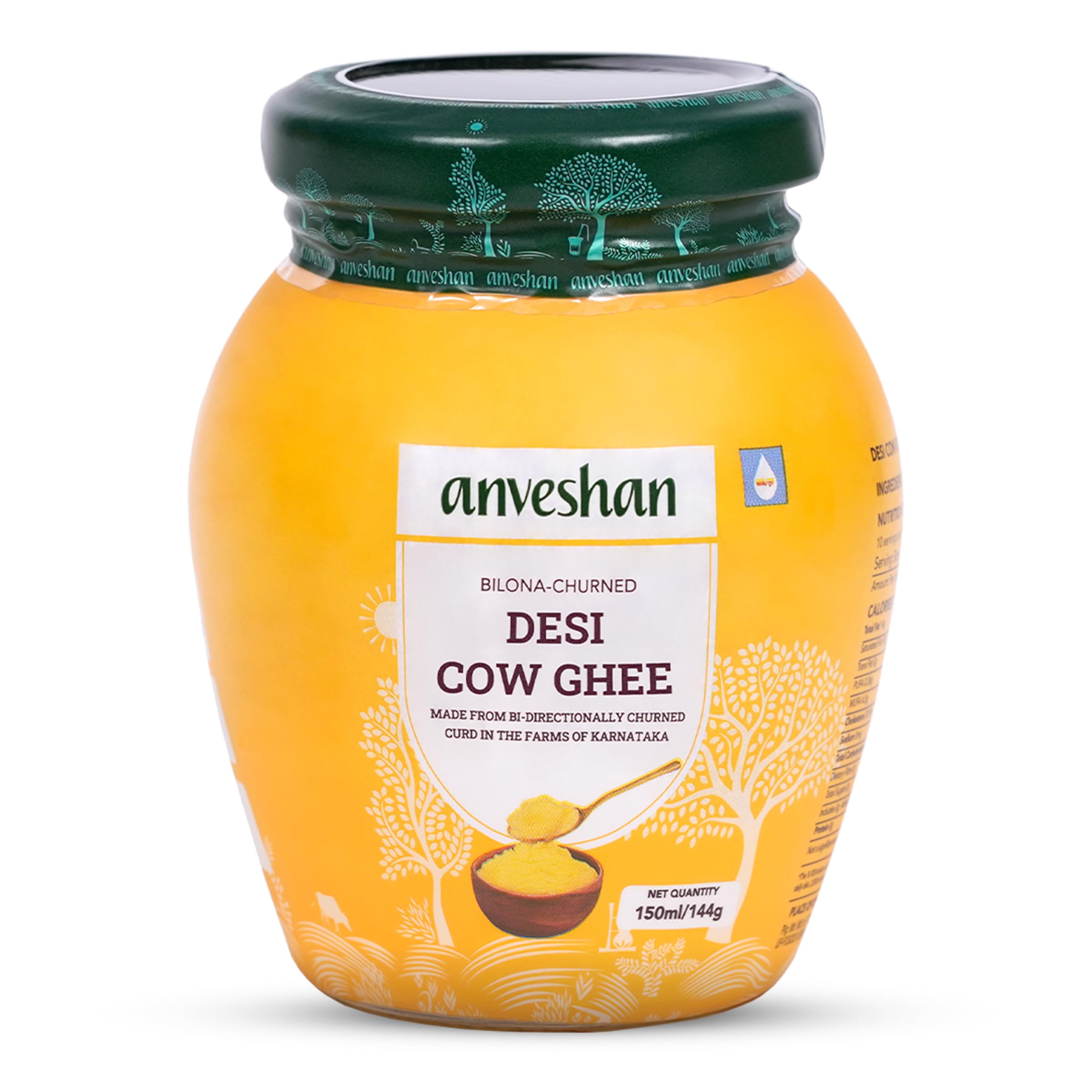 Anveshan A2 Desi Cow Ghee 150ml | Traditionally Bilona-Churned, Danedar Ghee | Aromatic| NABL Lab Tested (70+ tests), Cruelty-Free | Grass-Fed | Glass Jar