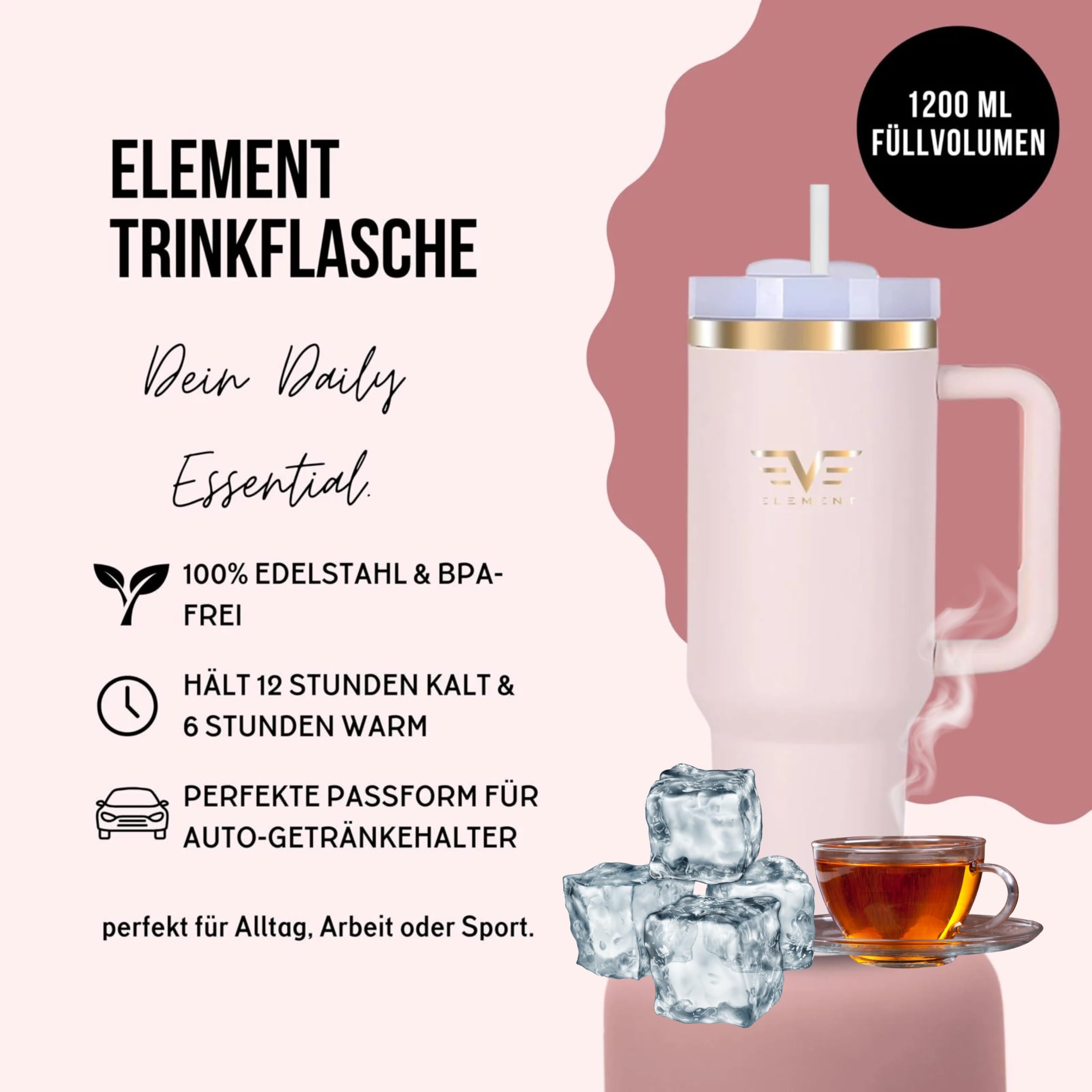 Thermobecher 1200 ml aus Edelstahl – To Go Becher mit Griff & Strohhalm – BPA-frei – Hält 12h kalt & 6h warm (Rosa)