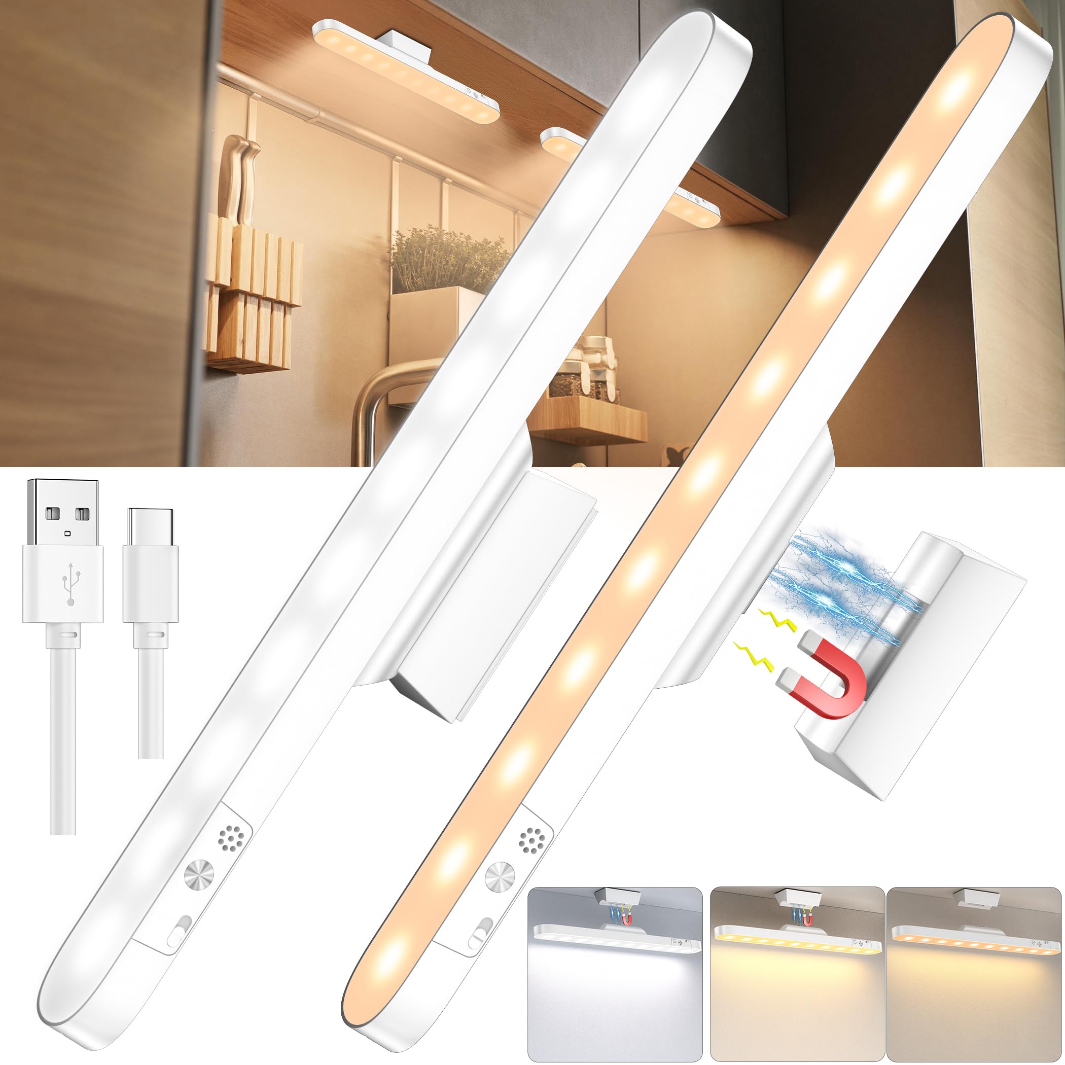 Under-Cabinet Kitchen Light, USB-C Rechargeable 3000mAh Battery-Operated, Wireless, Touch Control, Stepless Dimming, LED Indoor Light for Kitchen, Cabinets, Closets, bedroom and Mirrors - 2 Pack