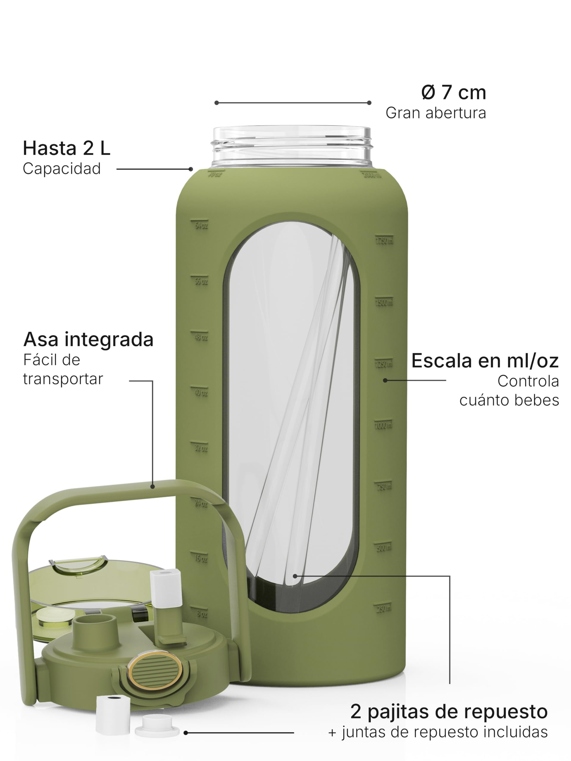 spottle Botella de Agua de Cristal 2 L con Pajita – Botella de Vidrio de Borosilicato con Funda de Silicona, Hermética, Sin BPA, Apta para Lavavajillas