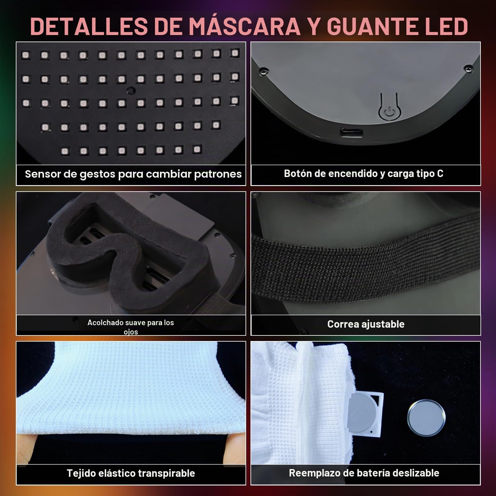 Mascara Led Guantes Set 2026 Disfraz juguetes niños 8+ años | Recargable Con Detección De Gestos Light Mask, Full Face Cos Regalo Navidad For Adulto Hombre