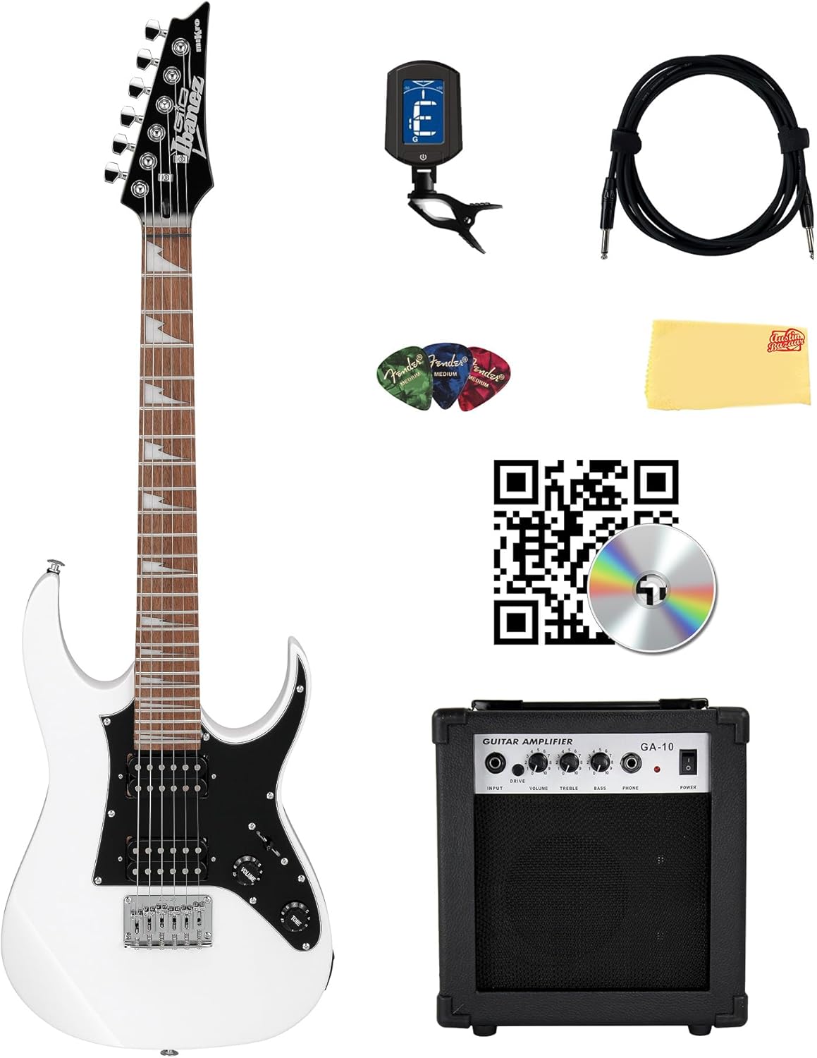 Ibanez GRGM21 RG Gio miKro Short-Scale Electric Guitar - White Bundle with Amplifier, Tuner, Instrument Cable, Picks, Austin Bazaar Instructional DVD, and Polishing Cloth