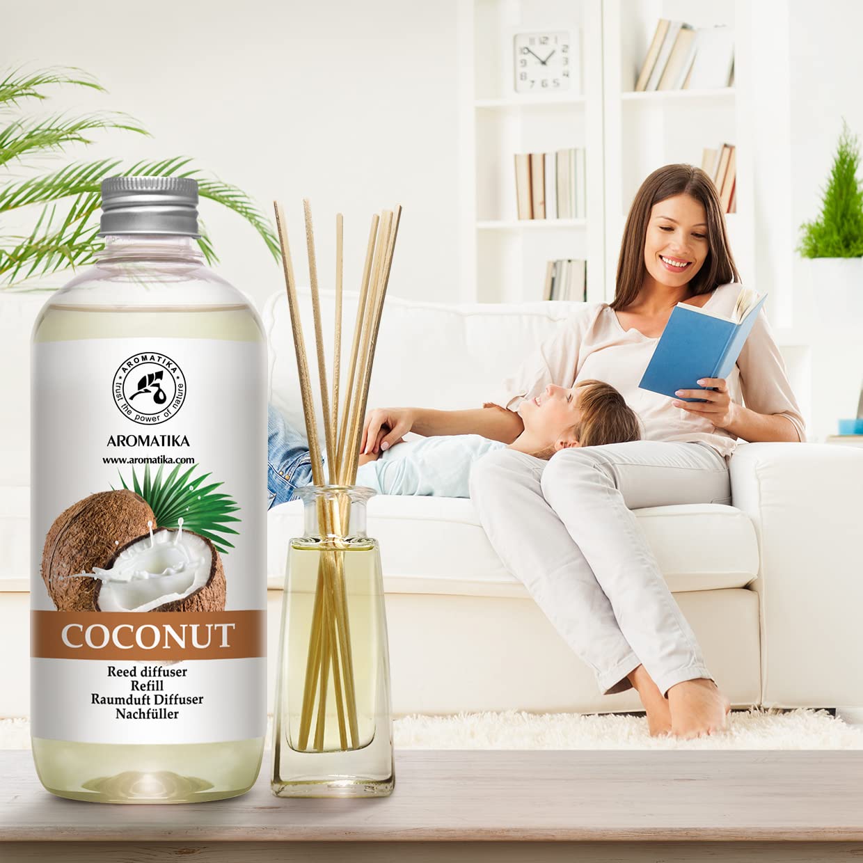 Ricarica per Diffusore di Cocco 2x500ml per Aromaterapia - Fragranza per Casa - Deodorante per Ambienti - Reed Diffuser Refill - Fragranza Intensa e Duratura - Fragranza Cocco