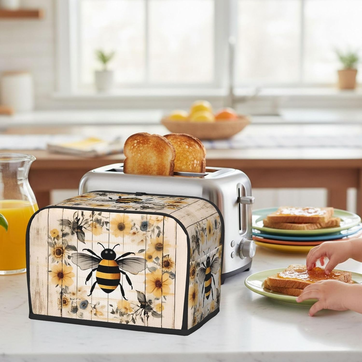 Vintage Bee Yellow Sunflower Floral 2 Slice Toaster Cover, Waterproof & Dust-proof Kitchen Appliance Protector Bread Maker Dust Cover Decorative Toaster Sleeve for Home Kitchen Dining Room