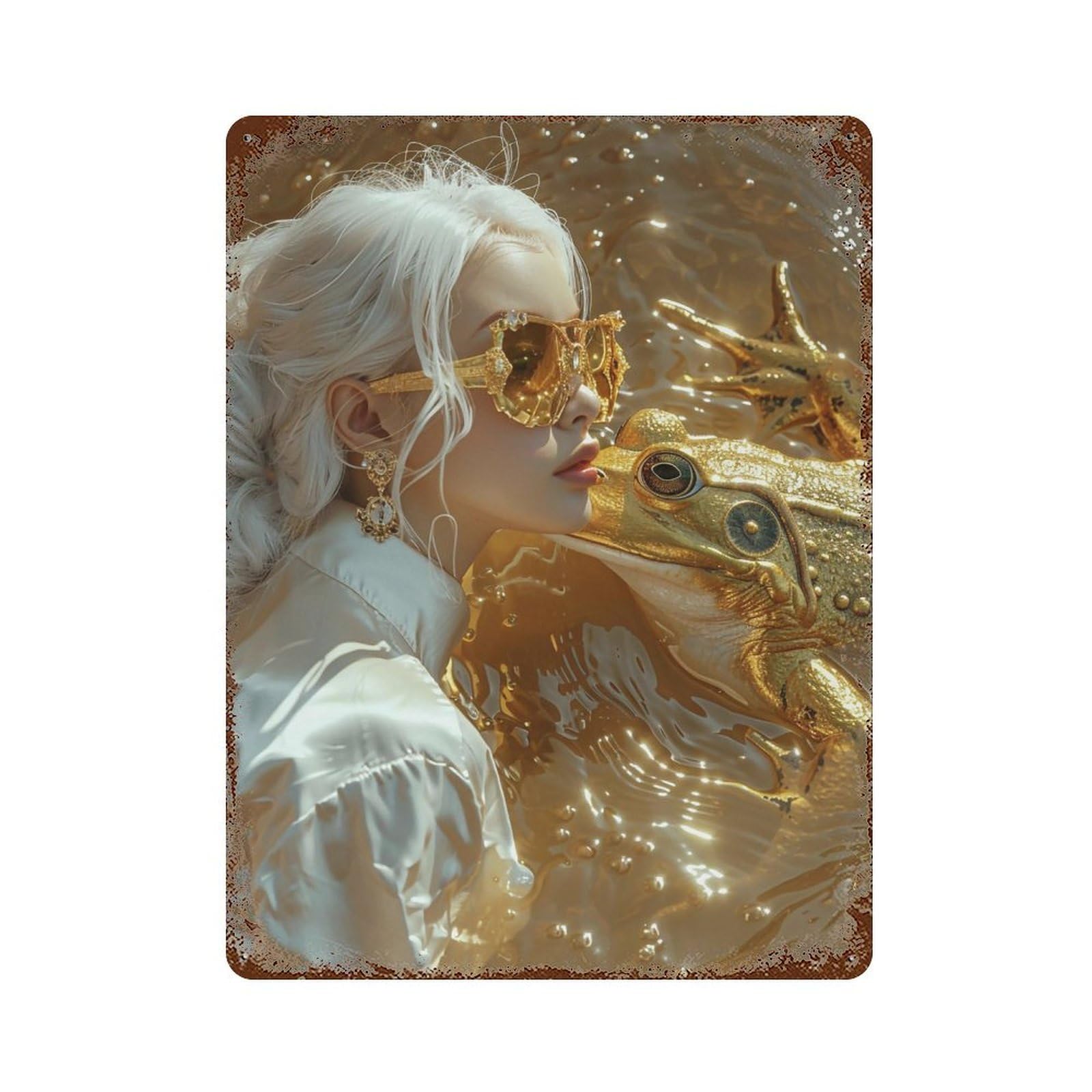 YHGERTKU Golden Frog And Girl Surreal 01 Wall Art Retro Iron Vintage Metal Tin Sign Poster Modern Decor for Living Rooms Gift 40x30cm
