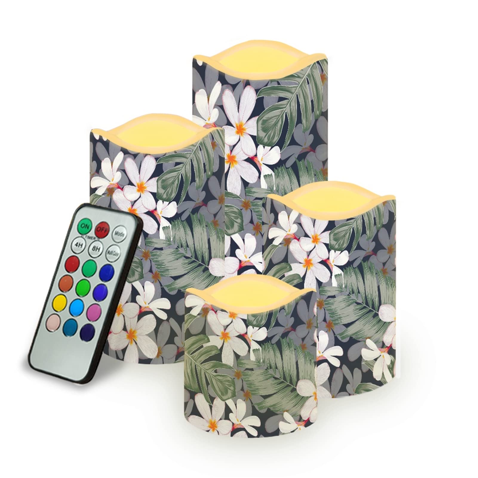 Kuiaobaty Tropical Leaves Battery Candles with Remote Control, White Flowers Flameless Ivory LED Pillar Candles 4-Pack for Summer Home Dinner