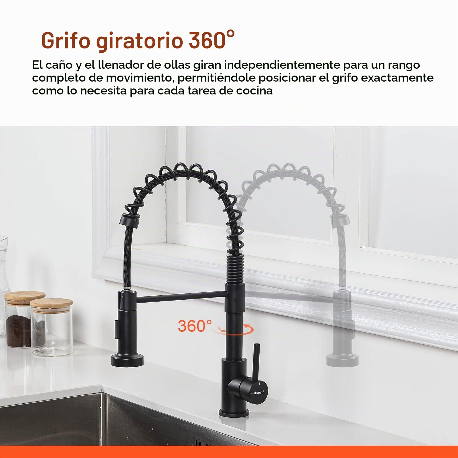 Ibergrif Grifo Profesional Cocina con Ducha Extraíble, Mezclador de Fregadero, Acero Inoxidable, Negro, M22143B