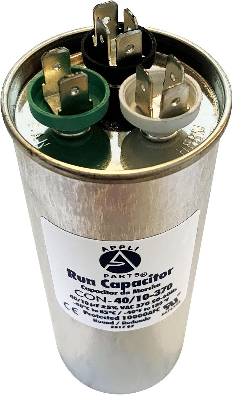 Get Discount Offer Appli Parts Dual Run Capacitor for ac 40+10 Mfd uF (microfarads) 370VAC CBB65 Round Universal fit for hvac and other applications 2 in Wide 5-1/8 in Height CON-40/10-370-R