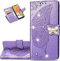 Vista 7 de Funda compatible con Galaxy A32 4G con diseño de mariposa con diamantes en relieve, de piel sintética, ranuras magnéticas para tarjetas con soporte