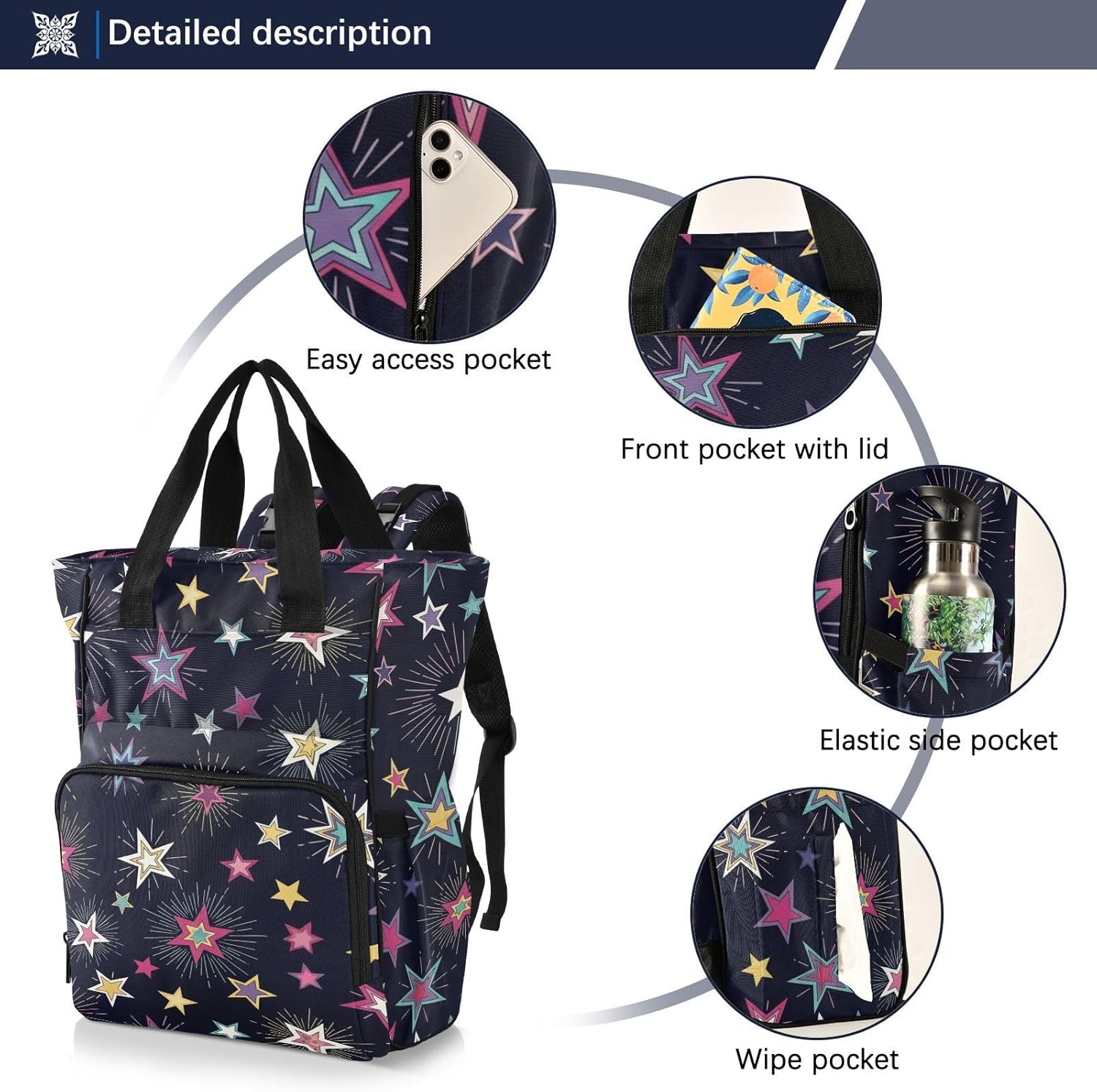 SPRIPORT Colorful Stars Black Print Diaper Bag Backpack for Baby Boys Girls Multifunction Baby Essentials Travel Tote with Stroller Straps & Bottle Storage Baby Diaper Bag for Dads Moms