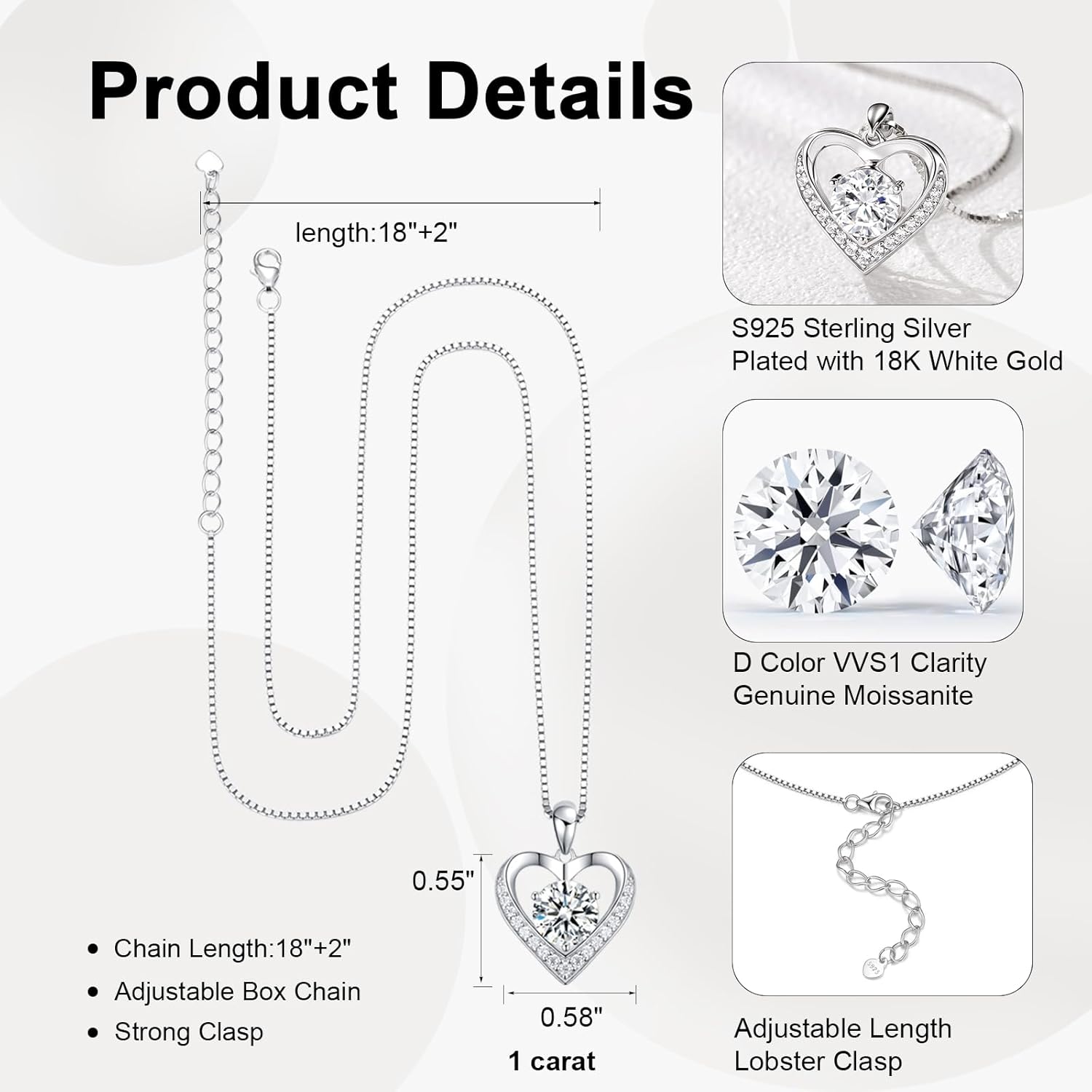 Moissanite Necklace for Women, Heart Pendant Engraved 'I Love You' Gifts for Wife, Valentine's Day Gift Anniversary Eternity Birthday Present Sterling Silver Jewelry for Her - Image 6