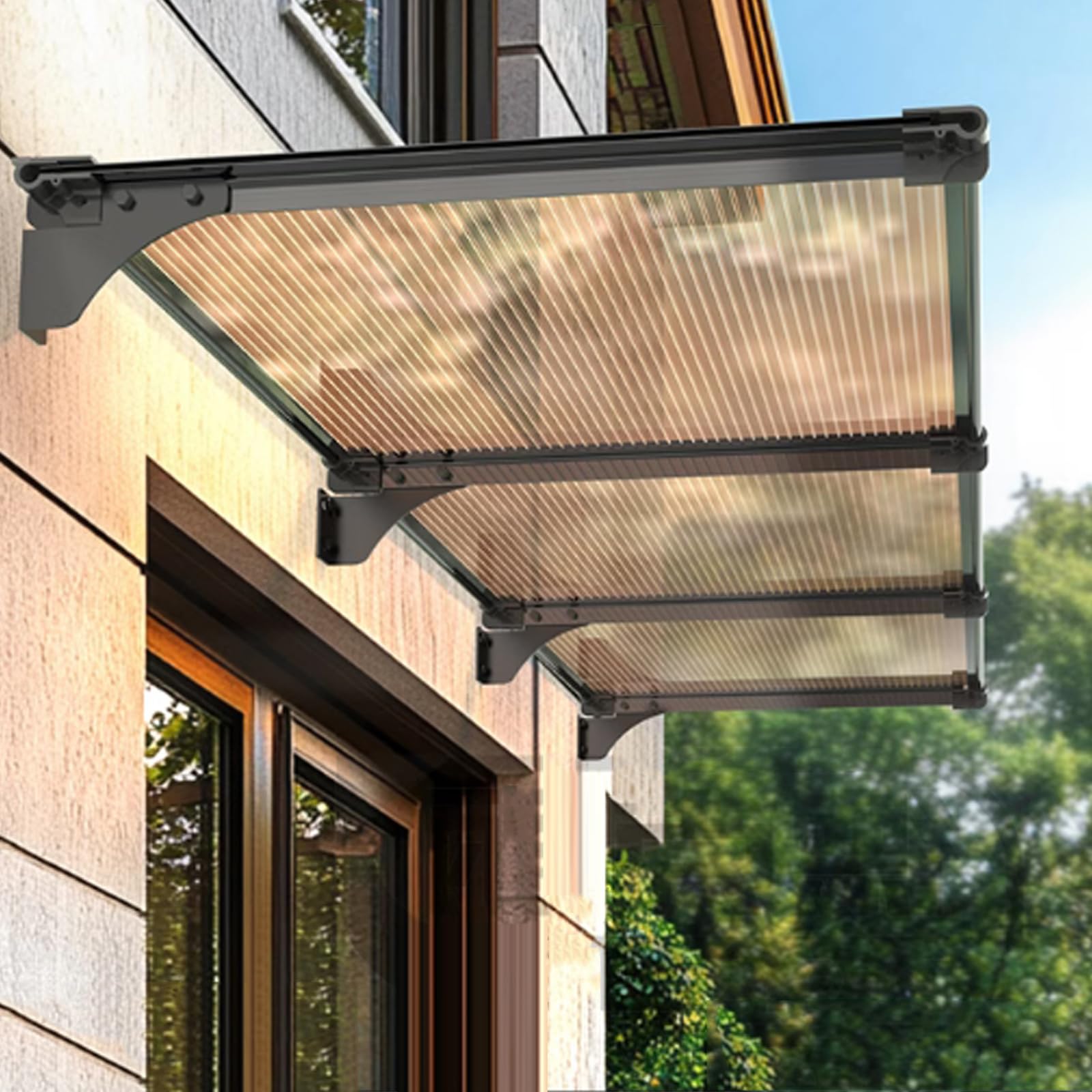 GJMSSMY Curved Door & Window Awning, Outdoor Patio Canopy, Waterproof Polycarbonate Cover, Garden Door Shelter for Rain & Snow (39"x63", Brown)