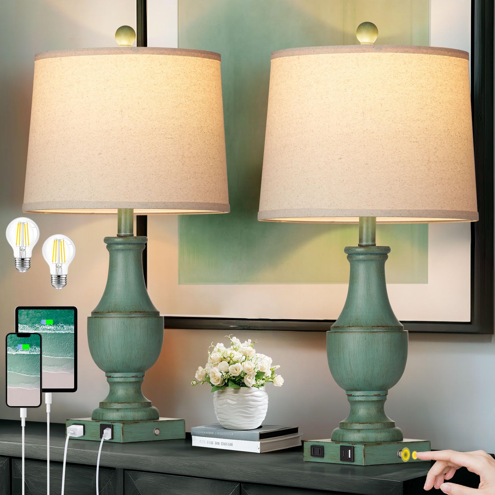 Farmhouse Table Lamps for Living Room, Rustic Touch Control Bedside Lamps with USB A+C Charging Ports & AC Outlet, Vintage 3-Way Dimmable Traditional Classic Nightstand Lamp for Bedroom Office Green