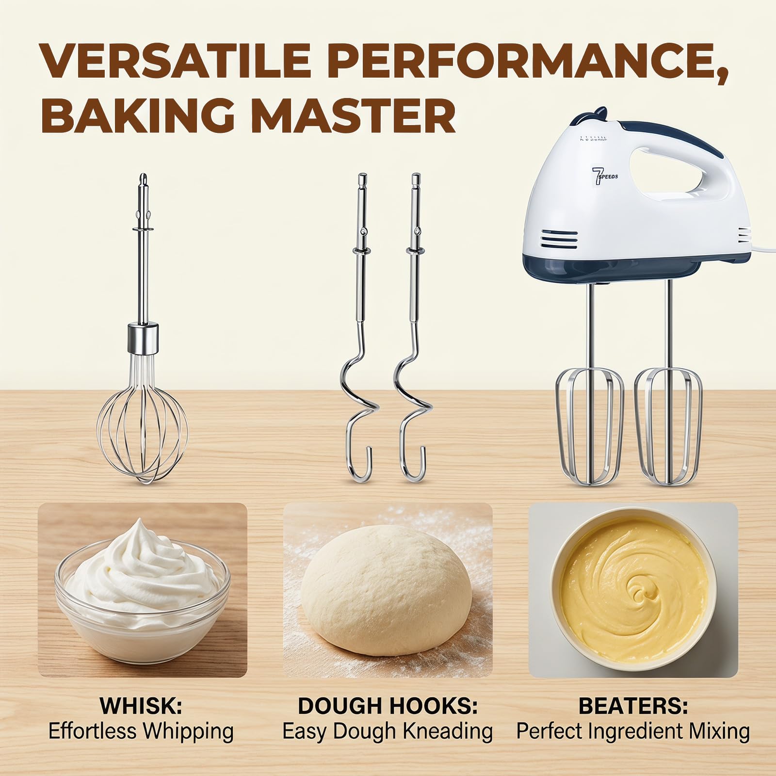 CEWROM Frullatore elettrico a mano, piccolo miscelatore alimentare a 5 velocità, 304 accessori in acciaio inox (1 frusta, 2 fruste, 2 ganci per impasto), ideale per applicazioni in cucina e