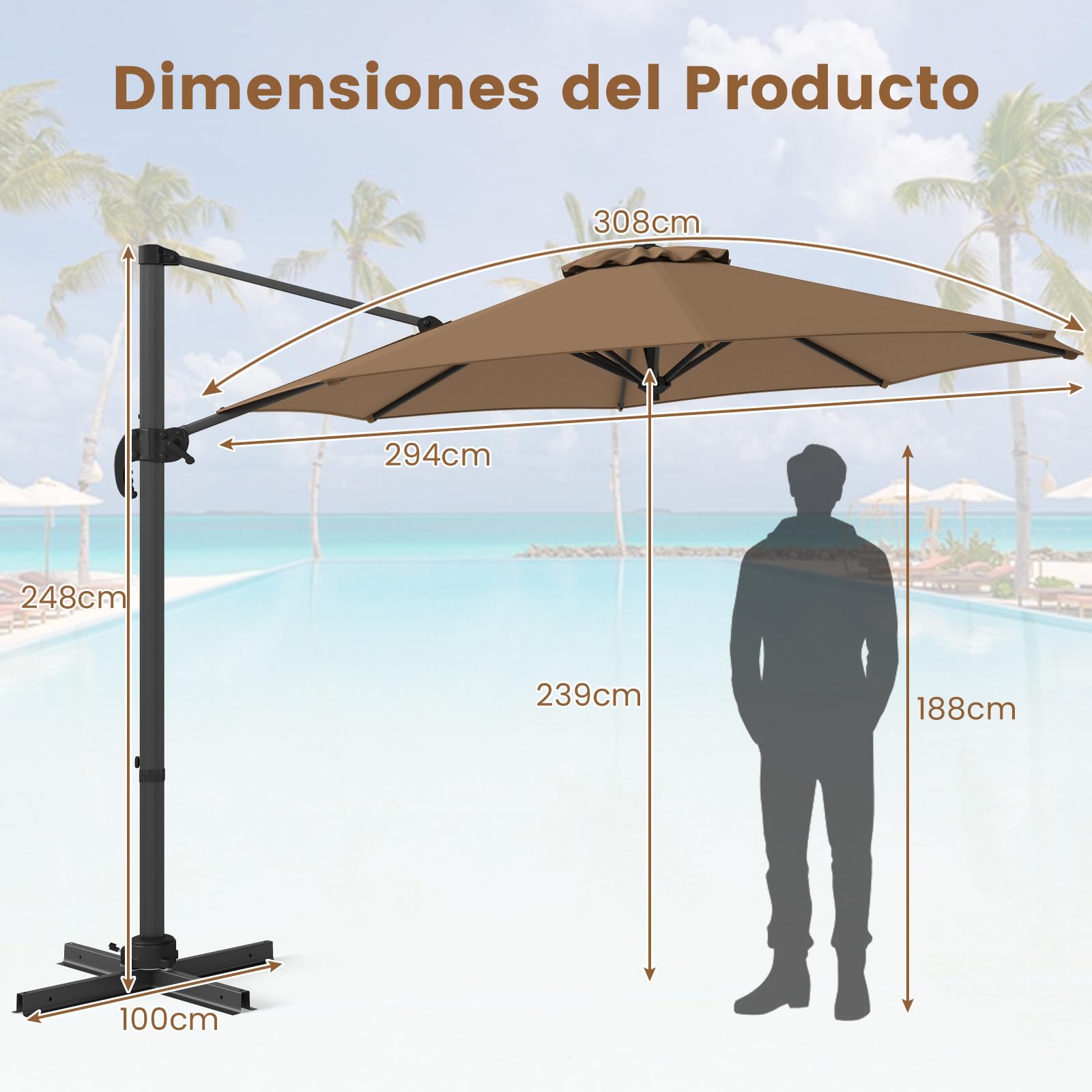 COSTWAY Sombrilla Terraza Exterior 3x3 m, Parasol Jardin Redondo con Rotación de 360°, Base Cruzada, 5 Inclinaciones Ajustables, 8 Varillas, Manivela, Sombrilla Excéntrica para Jardín Patio