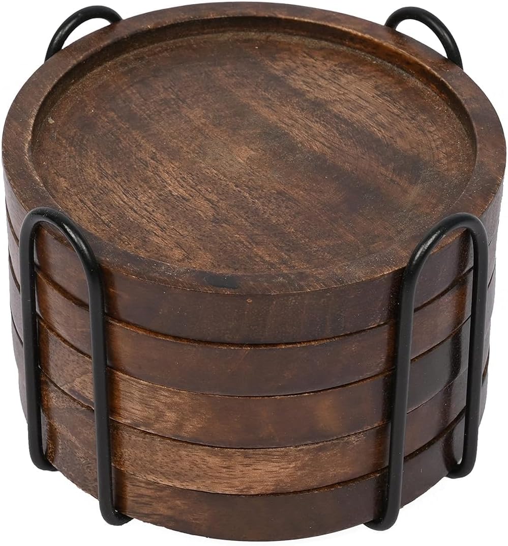 Handmade Coasters for Dining & Coffee Table Decor, Home & Kitchen/Natural Round Plate with Iron Holder Set of 5/Wooden Drinks /5 Inch/Brown