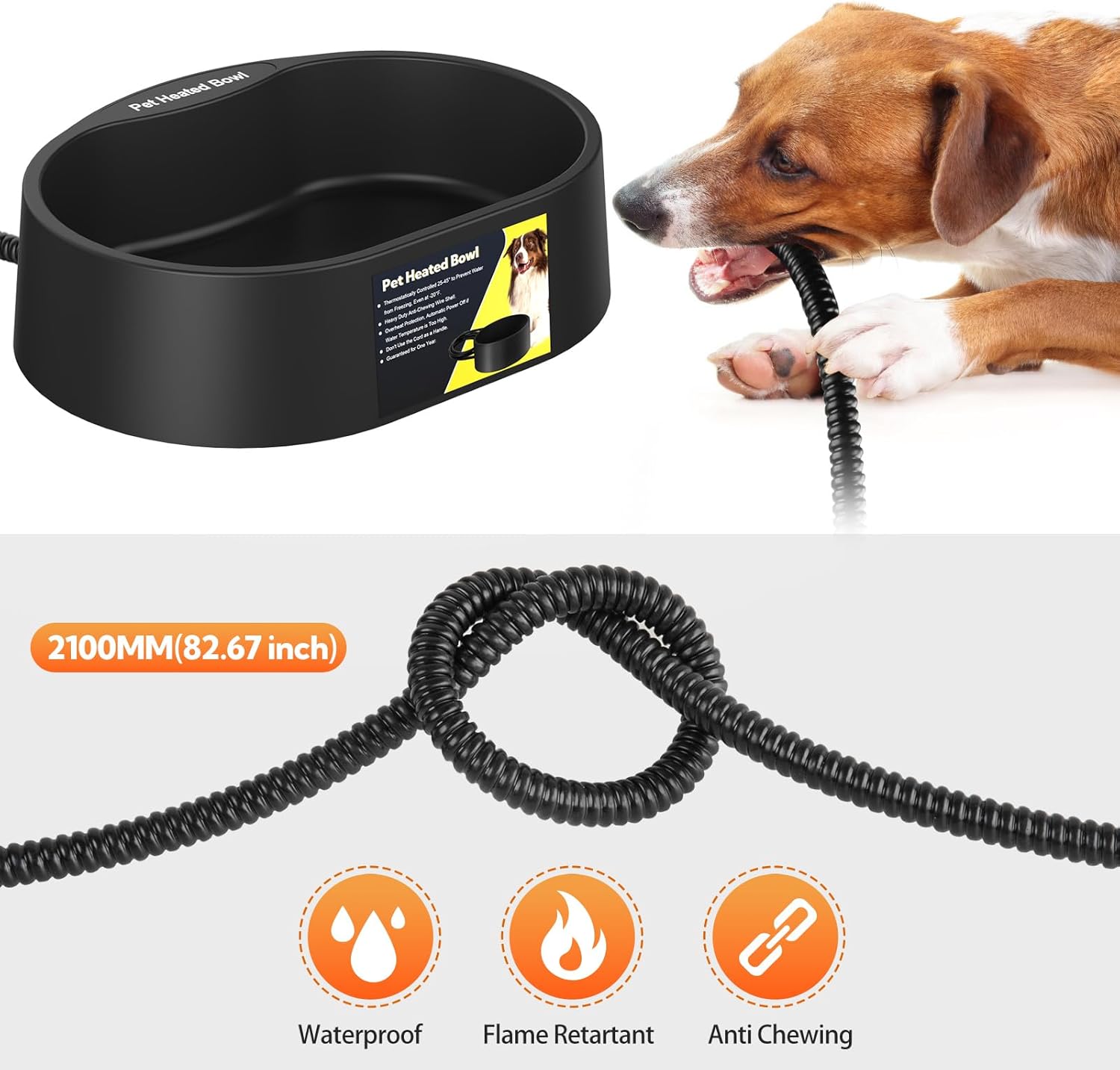 Heated Water Bowl for Dogs and Cats,Large Heated Dog Bowl with Chew Resistant Power, Waterproof Heated Pet Bowls for Outside in Winter,Provide Warmable Water for Dogs, Cats,Birds, (Black