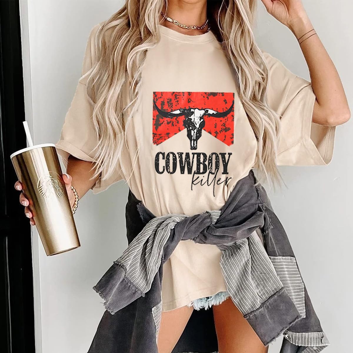 Cowboy Shirts for Women Western Vintage Rodeo T-Shirt Retro Bull Skull Graphic Tees Summer Casual Short Sleeve Tops - Image 2