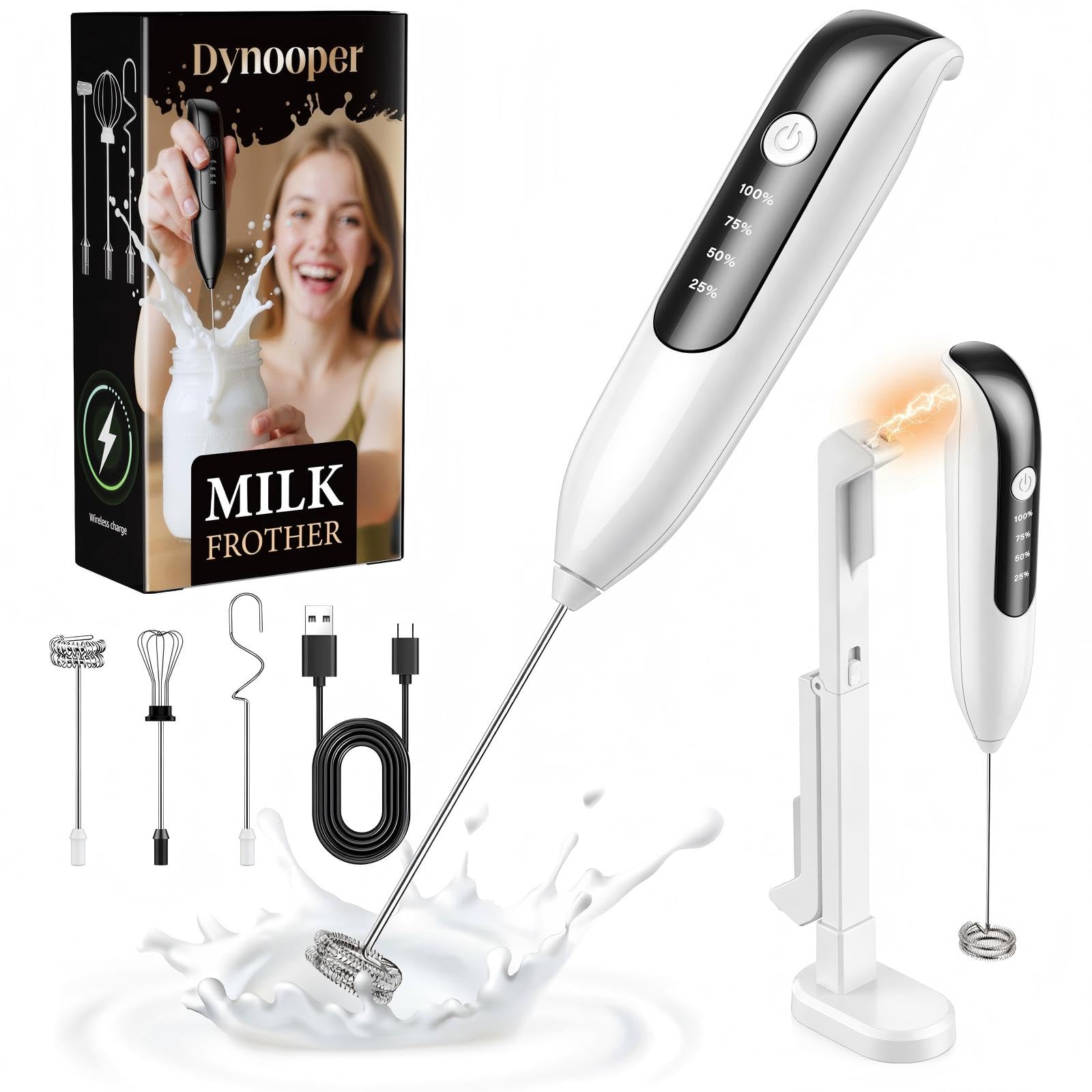 Dynooper 3 en 1 - Batidor eléctrico de leche, batidor eléctrico de espuma para café, lattes, capuchino, matcha, chocolate caliente y crema, cerámica blanca