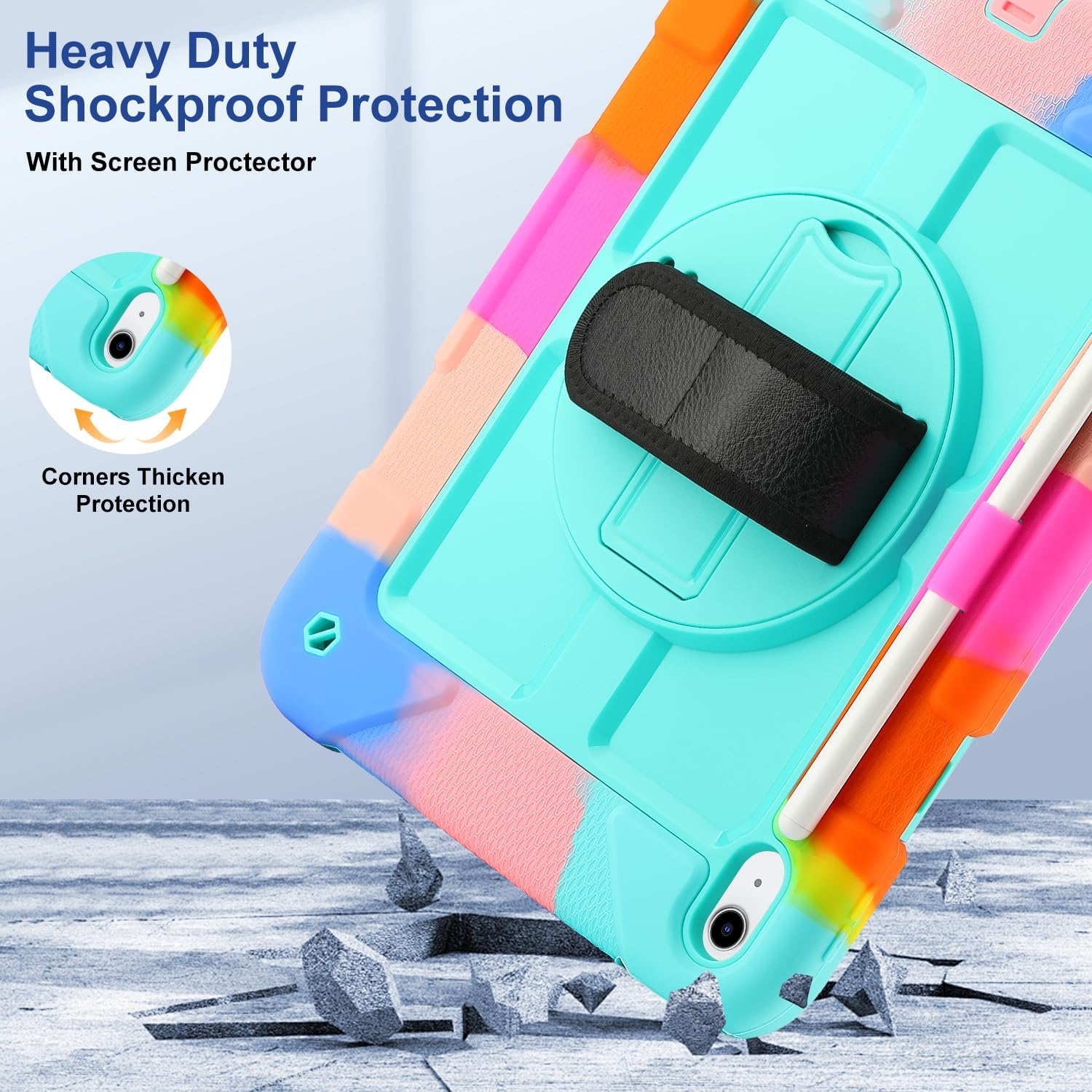 for iPad (A16) 11th Generation case11''(2025)/10th Generation case 10.9'' (2022),360°Rotatable Stand with [Screen Protector&Pencil Holder&Shoulder Strap] Shockproof Case (Colorful Mint Green)