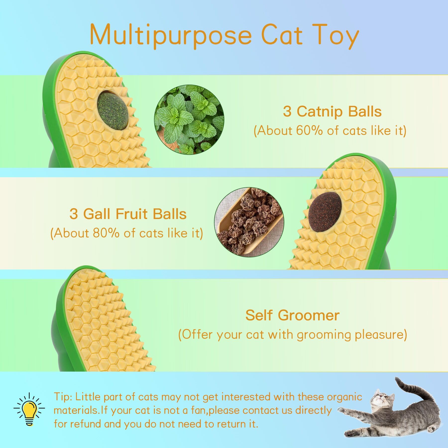 SEVENKA 2 Cat Toys Self-Grooming Cat Brush with 3 Catnip Balls & 3 Gall Fruit, Kitty Kitten Scratcher Self Groomer Catnip Toys for Indoor Cats, Chew Toys Wall Corner Brushes Edible Wall Treats, Yellow - image 4
