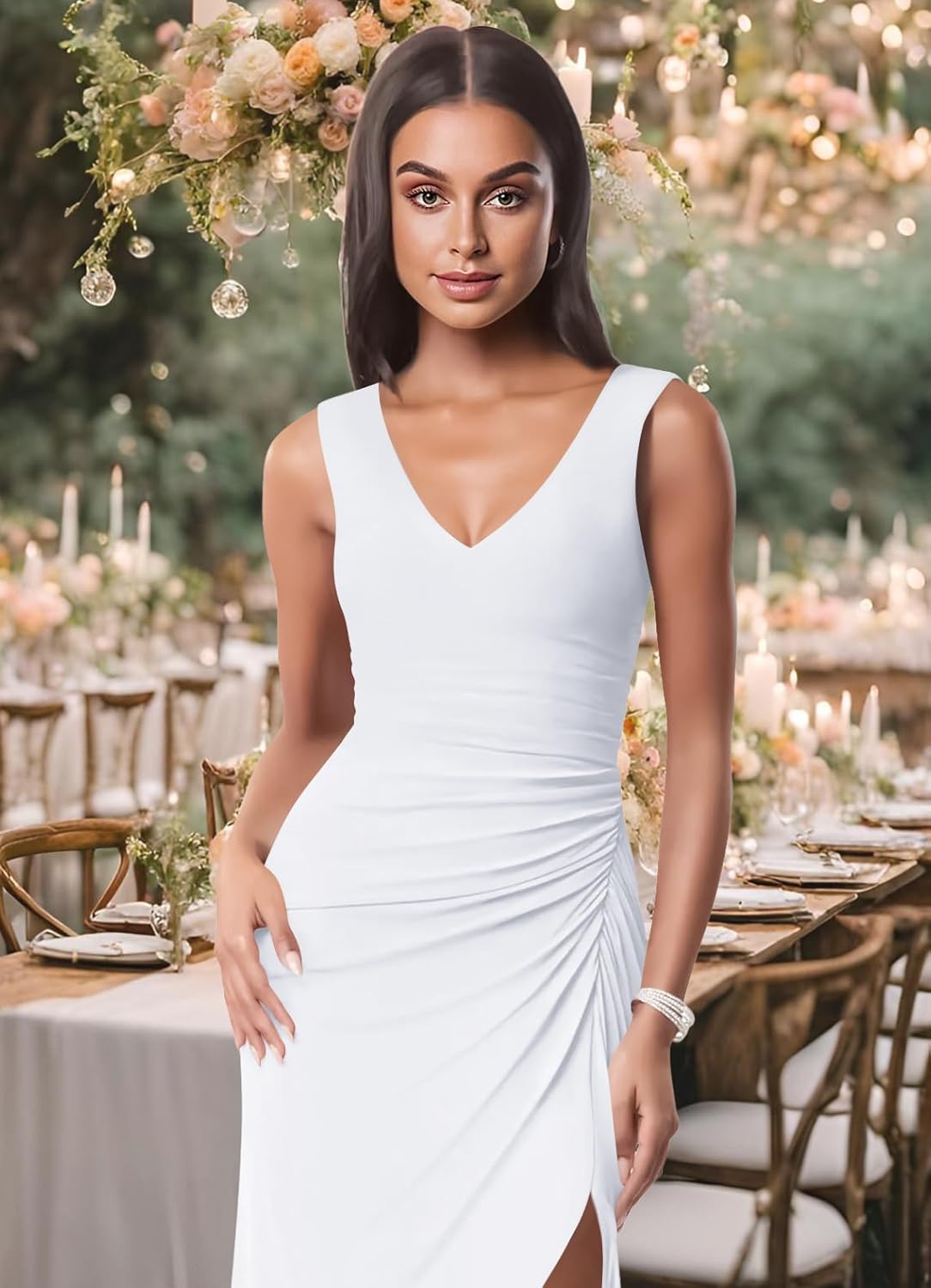 firfig Womens Formal Long Dress Mesh V Neck Sleeveless Ruched Slit Leg Cocktail Party Wedding Guest Maxi Dresses
