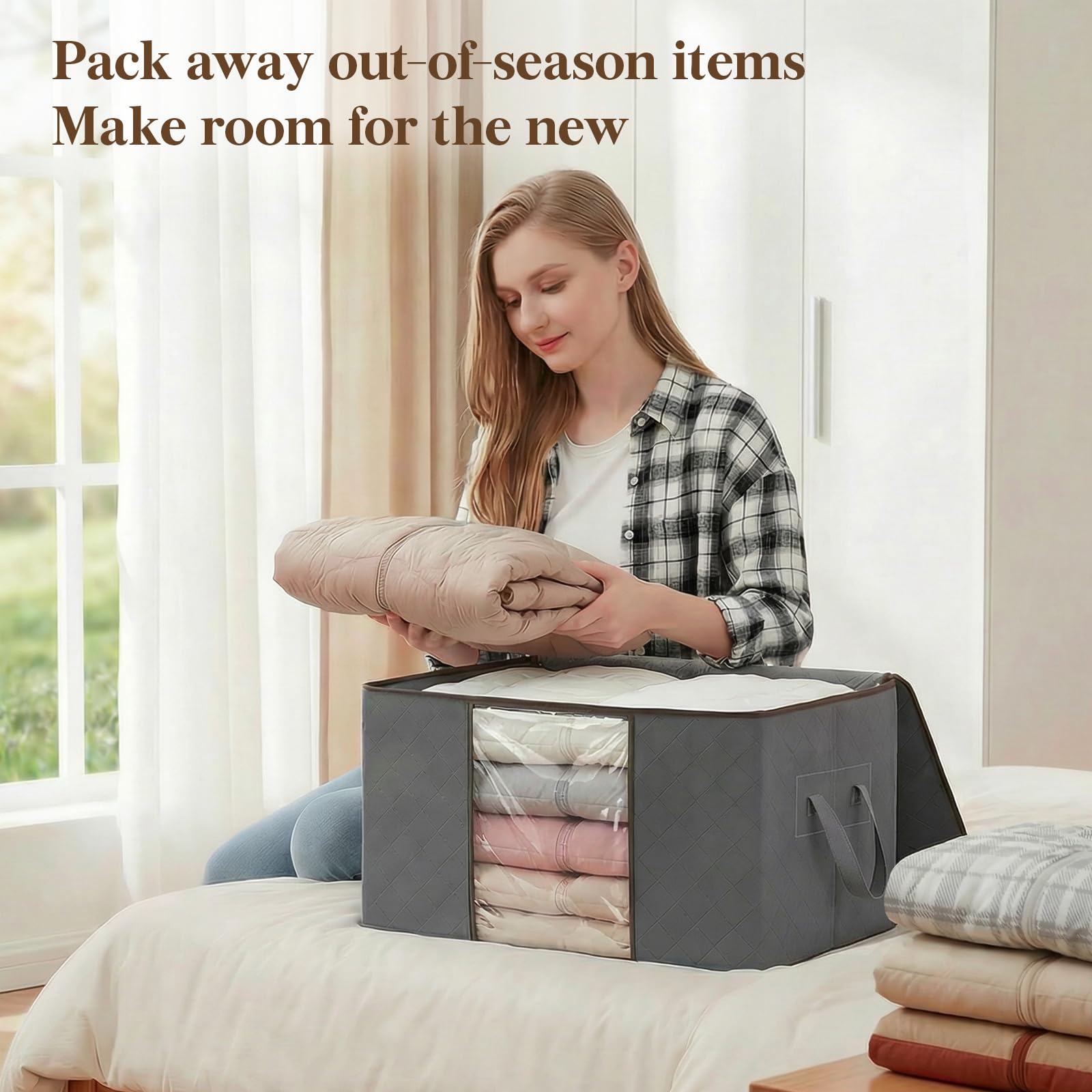 Lifewit Clothes Storage Bag, Storage Bins for Clothes, Blankets, Comforters, Foldable with Clear Window, 60L, Grey