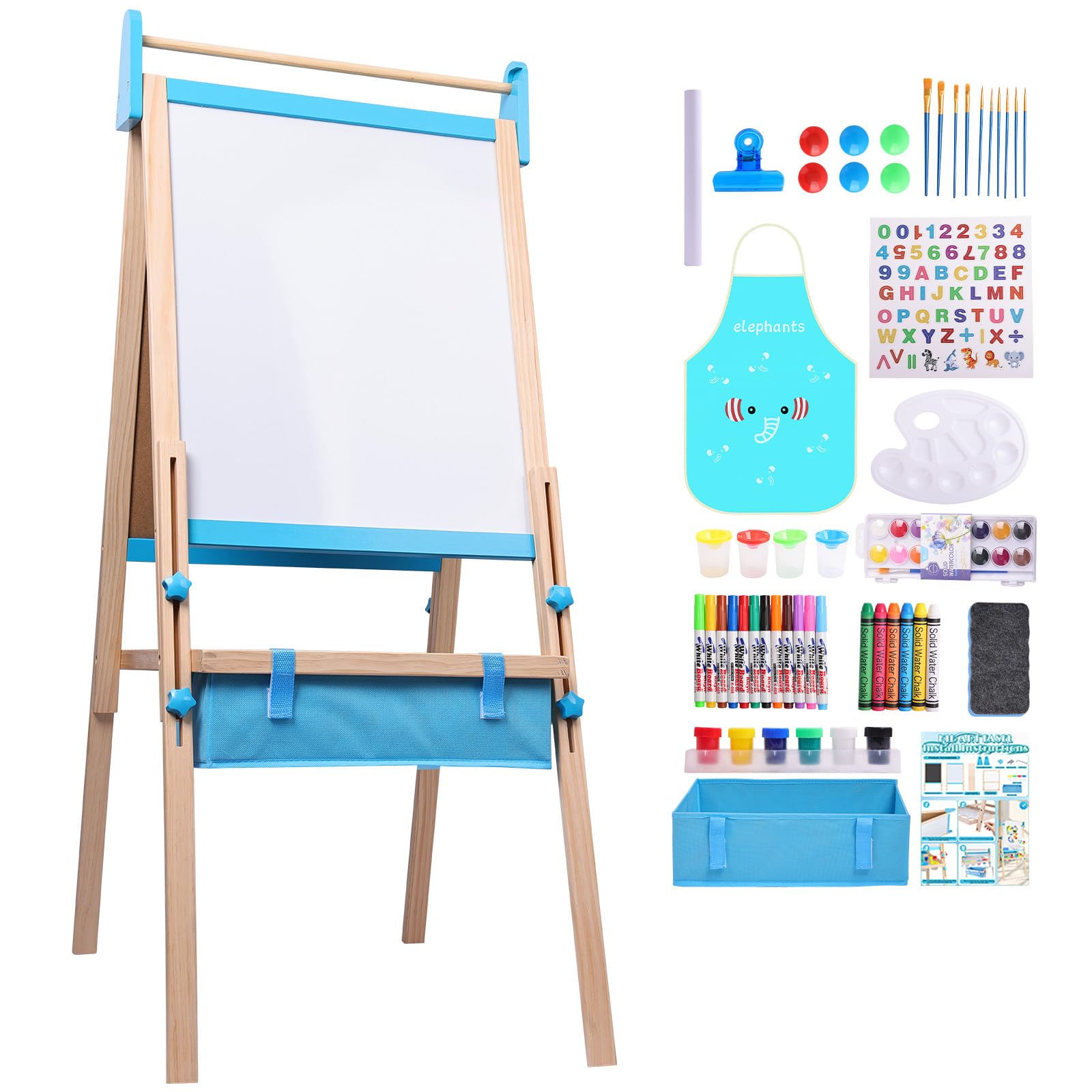 Lavagna per Bambini con Cavalletto Regolabile in Altezza 115-134cm, 3 in 1 Lavagna Magnetica e Bianca in Legno Massello con Rotolo di Carta e Kit 13 Accessori Lifting Drawing Board Bracket