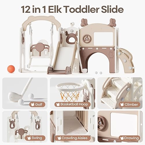 Miniatura 6 de Mloong Juego de toboganes y columpios 12 en 1 para niños pequeños de 1 a 3 años, para interiores y exteriores, con aro de baloncesto, golf, de fácil