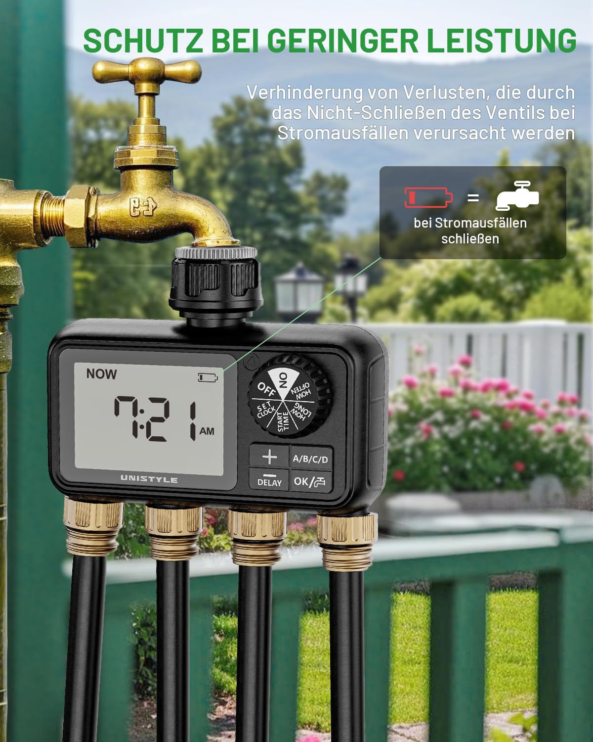 Unistyle Bewässerungscomputer 4 Ausgänge, Automatische Bewässerungsuhr, Rasensprenger Bewässerungssteuerung, Bewässerungssystem für Gartenbewässerung, Wasser Zeitschaltuhr Bewässerung Garten