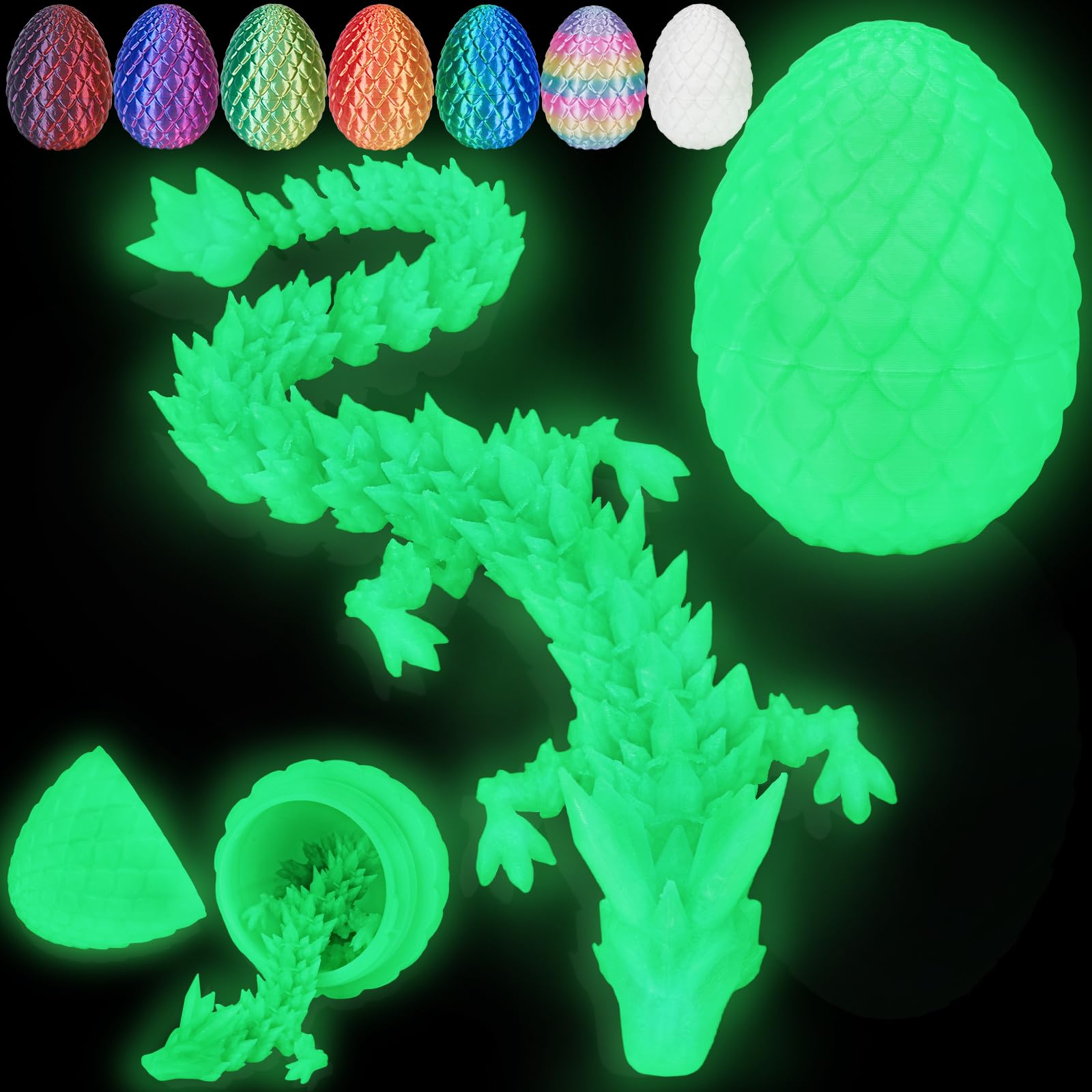 Merrwon 3D Printed Dragon Egg with Dragon (28.5cm) Inside, 3D Printed Articulated Crystal Animals Easter Toys & Decor, Unique Easter Gift for Kids, Teens, Adults, Collectors, Glow in the Dark — image 1