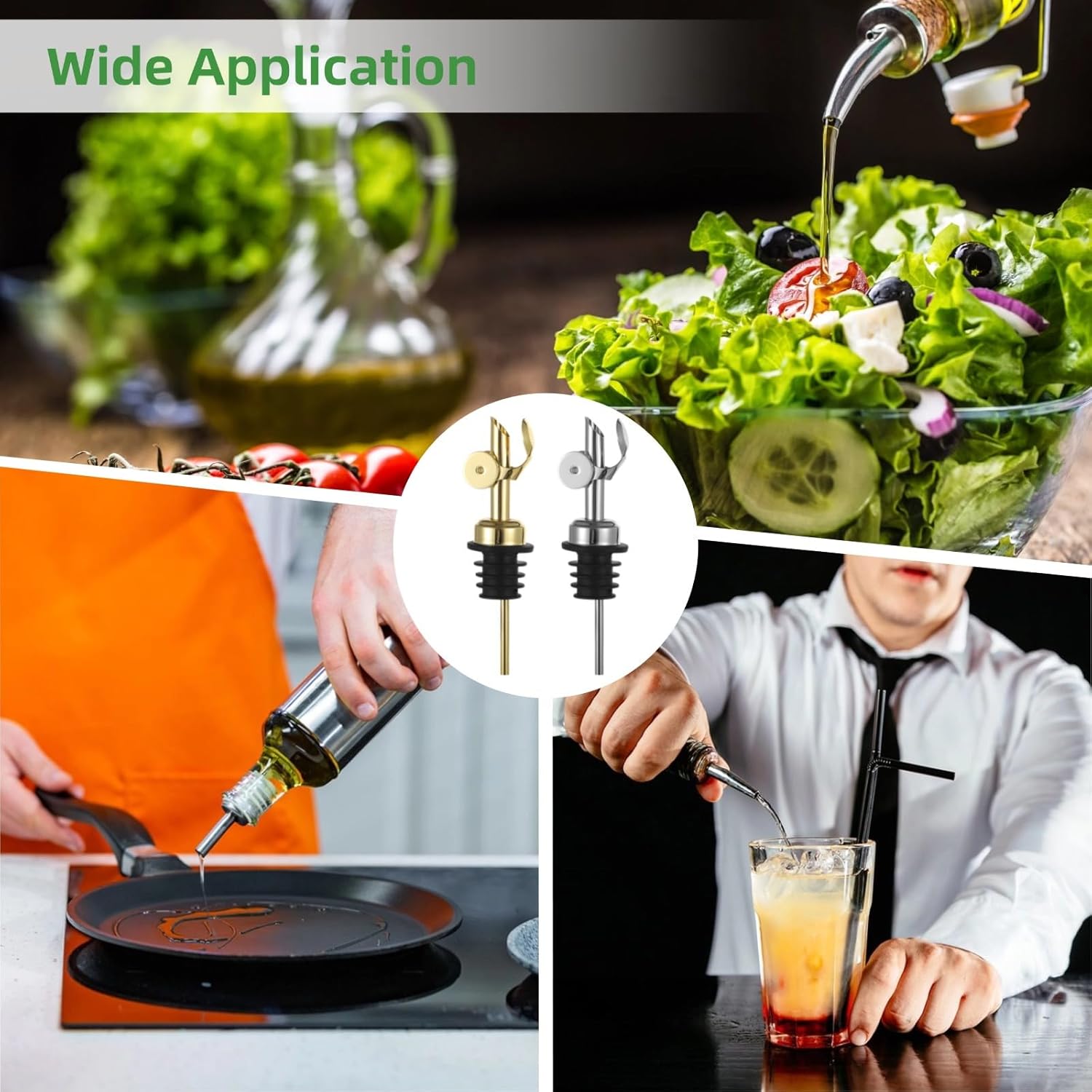 Olive Oil Pour Spout for Kitchen Restaurants, Quality and Reusable, 12 Pcs Bottle Pourers, 304 Stainless Steel Oil Spout with Silicone Seals, Closure Automatic