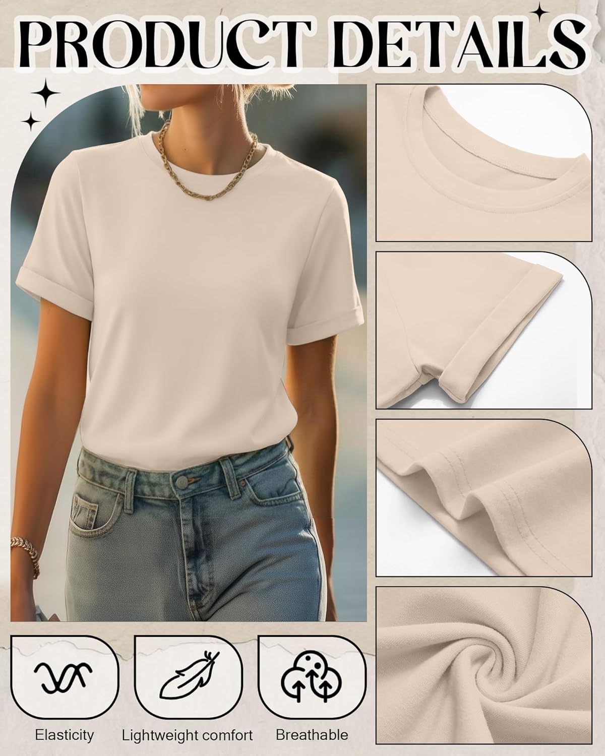 3 Pack Women's Short Sleeve T-Shirts Casual Crewneck Tops Basic Loose Fit Rolled Sleeve Tees Summer Plain Shirts - Image 5