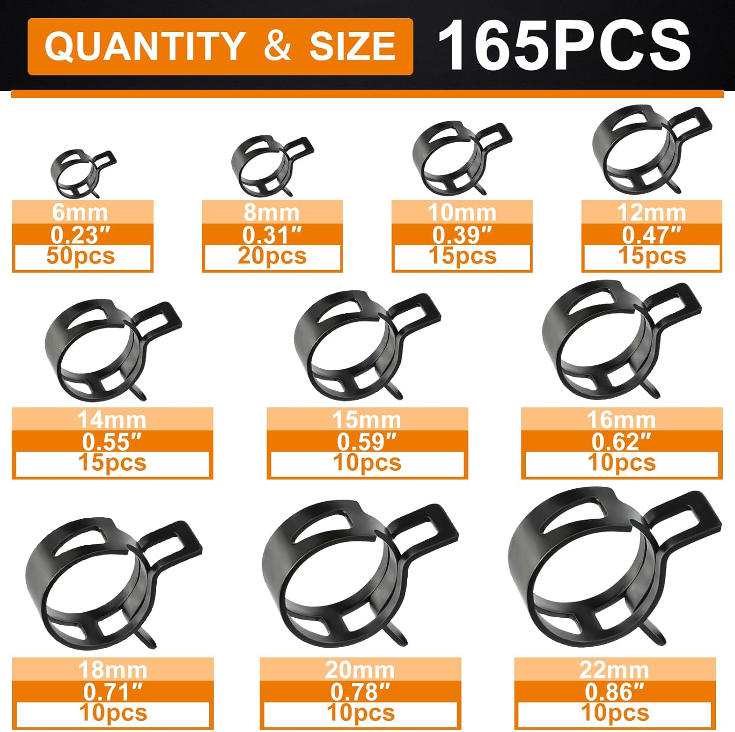 165Pcs 6-22mm Spring Hose Clamps Kit, 10 Sizes Black Fuel Line Clamps with Hose Clamp Pliers, Locking Device, and Non-Slip Handle, Suitable for Fuel, Air, and Silicone Hoses Crimping Tool Kit