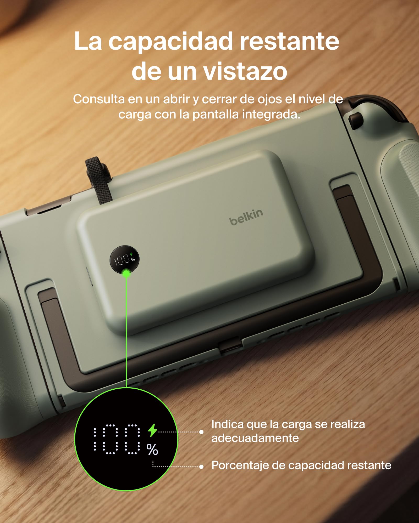 Belkin Gaming Agarres con Batería Externa 10000mAh Nintendo Switch 2 -Verde | Power Bank Magnético Extraíble 10000 mAh, 30W, Compatible con el Soporte, Empuñaduras Ergonómicas Antideslizantes y Pantalla